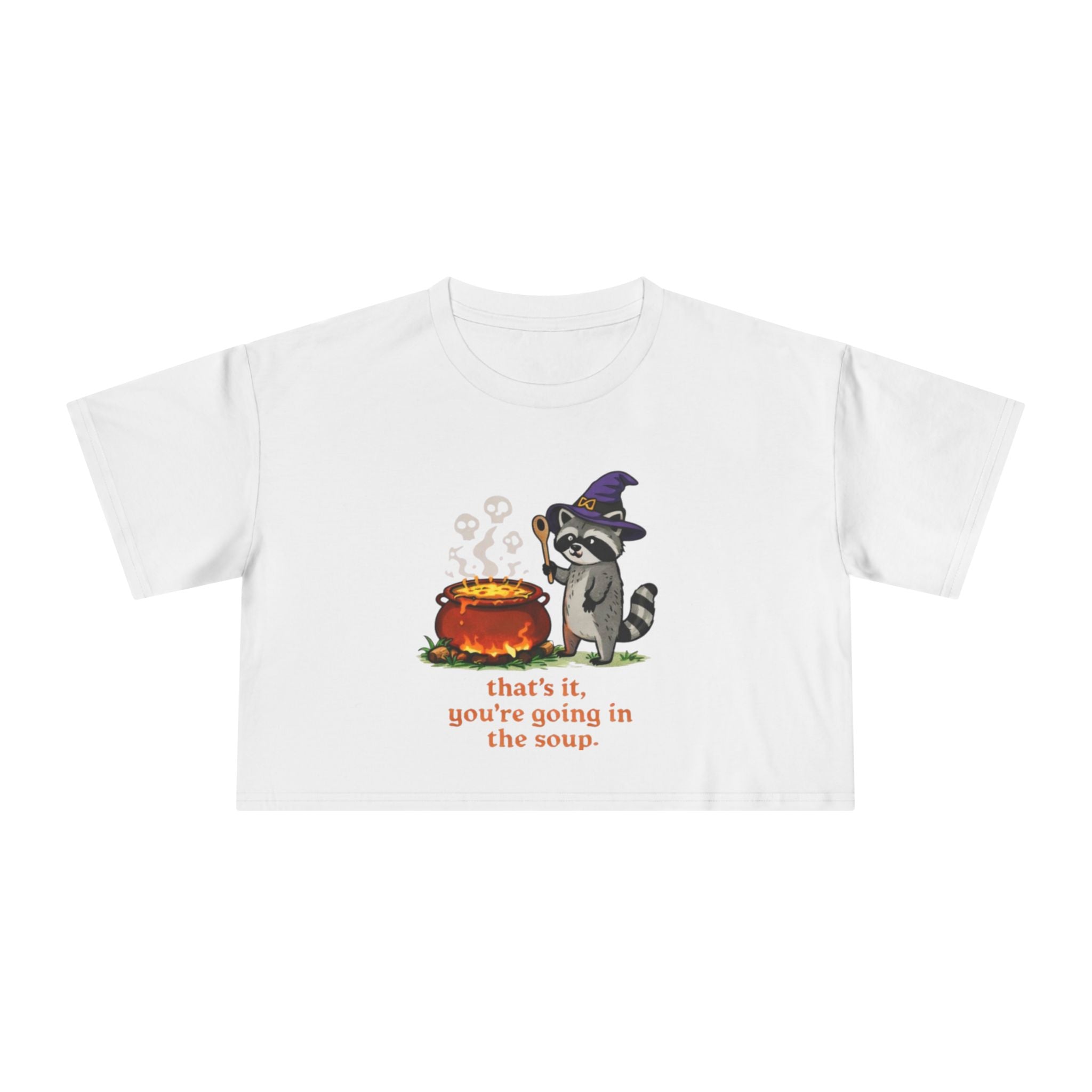 Witch Raccoon Crop Tee | "thats it youre going in the soup" Halloween Graphic Top