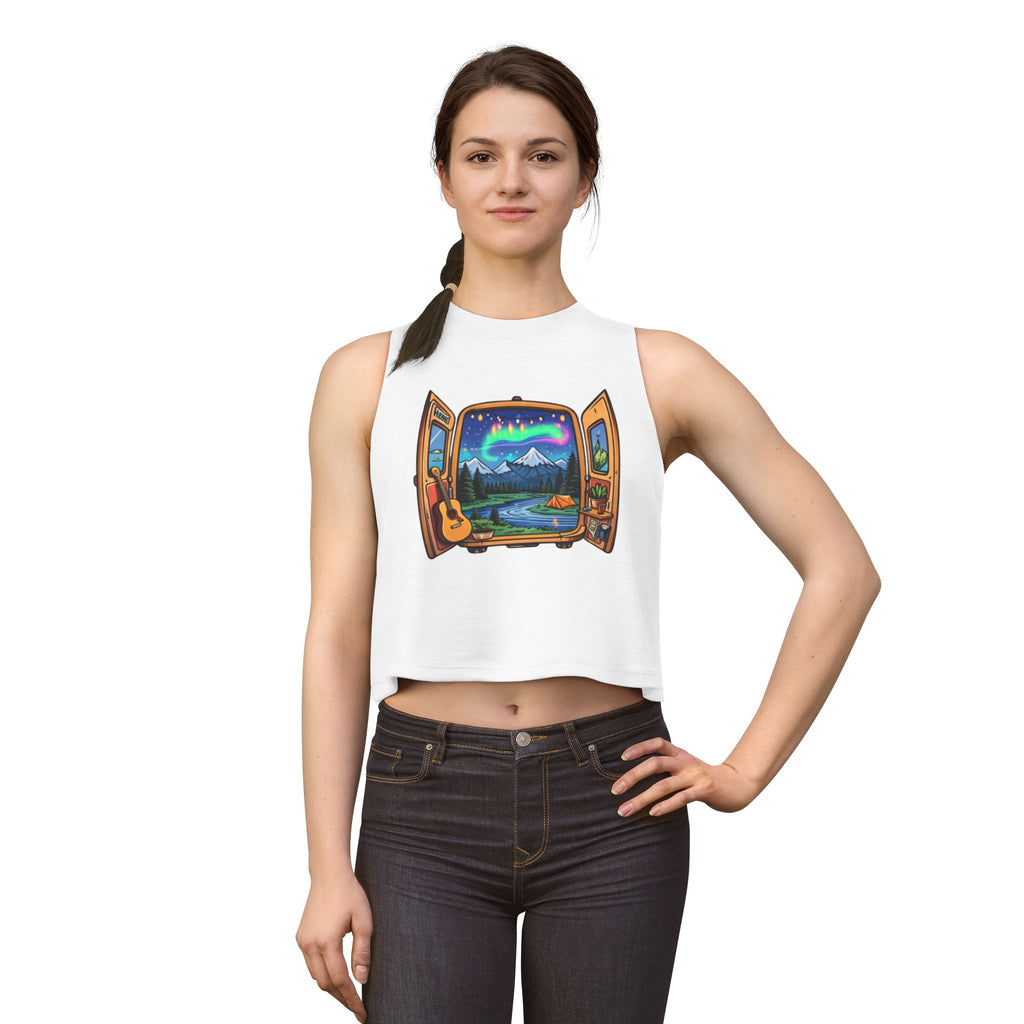 Adventure Window Crop Top | Mountain Camping, Aurora & Guitar Graphic