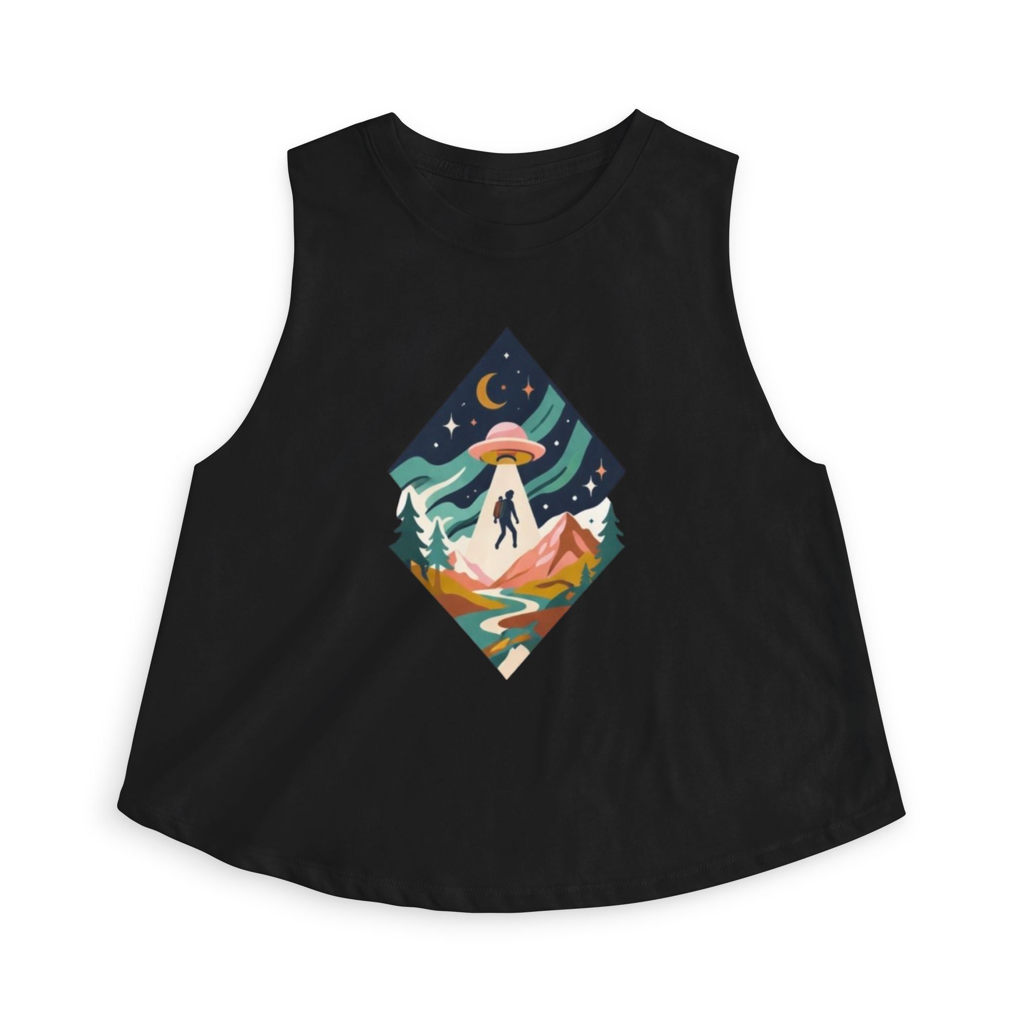 Alien Abduction Hiker Graphic Crop Top | Retro Mountain UFO Tank