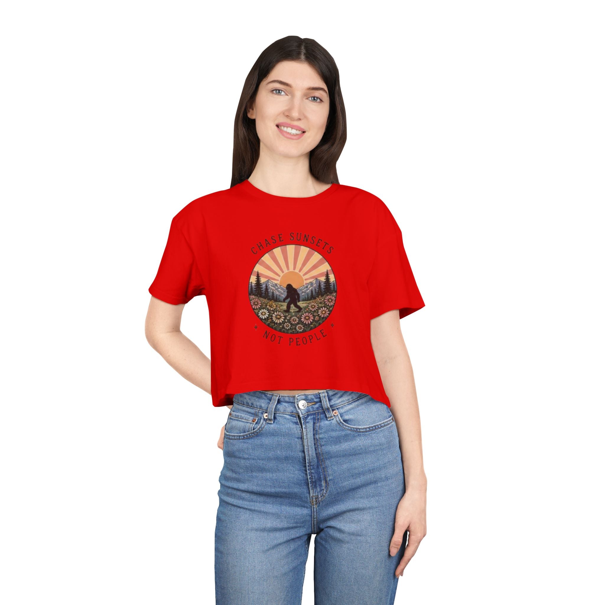 Crop Tee | "Chase Sunsets Not People" Retro Sunset Graphic