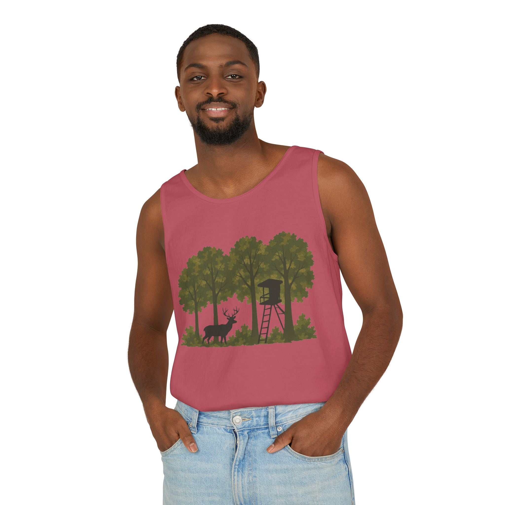 Deer Stand Woodland Tank Top | Hunting Cabin Forest Silhouette