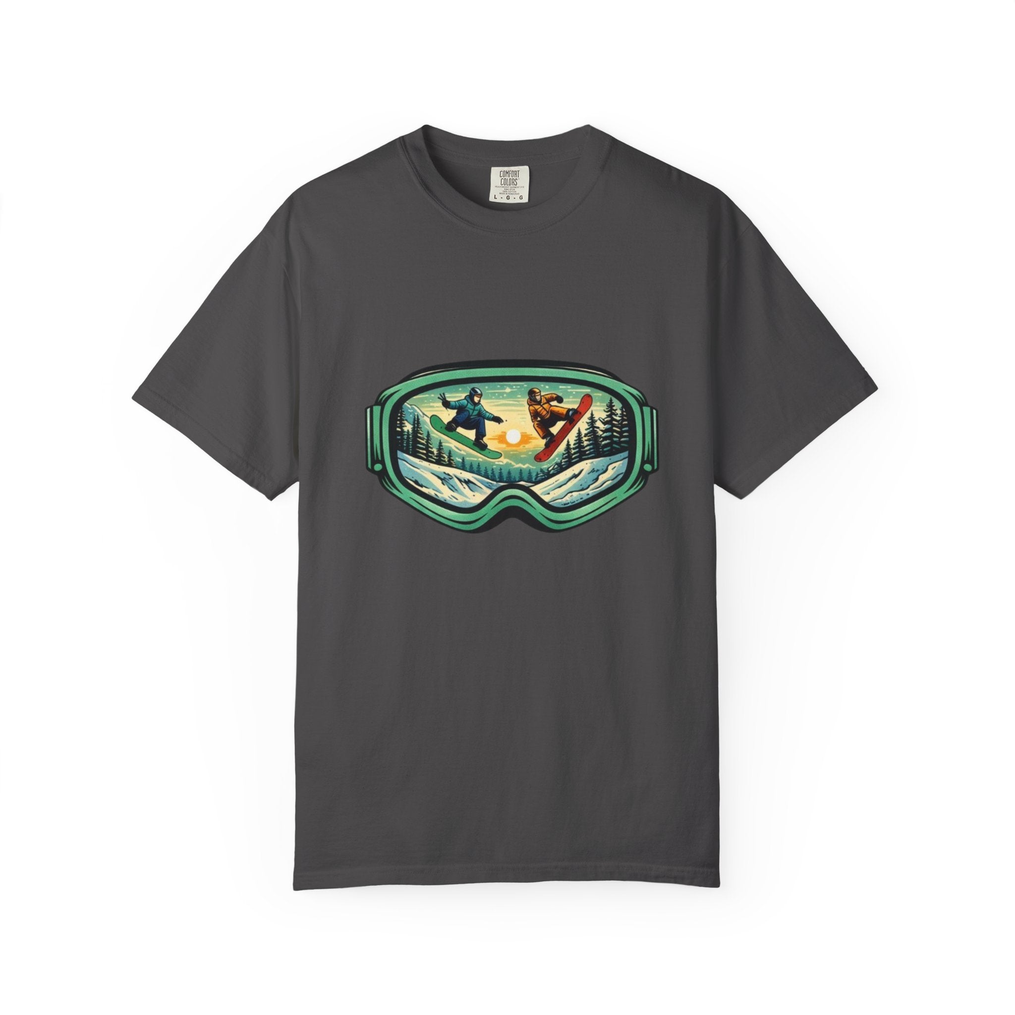 Snowboard Goggles Graphic T-Shirt | Mountain Scene with Ride the Ridge Design
