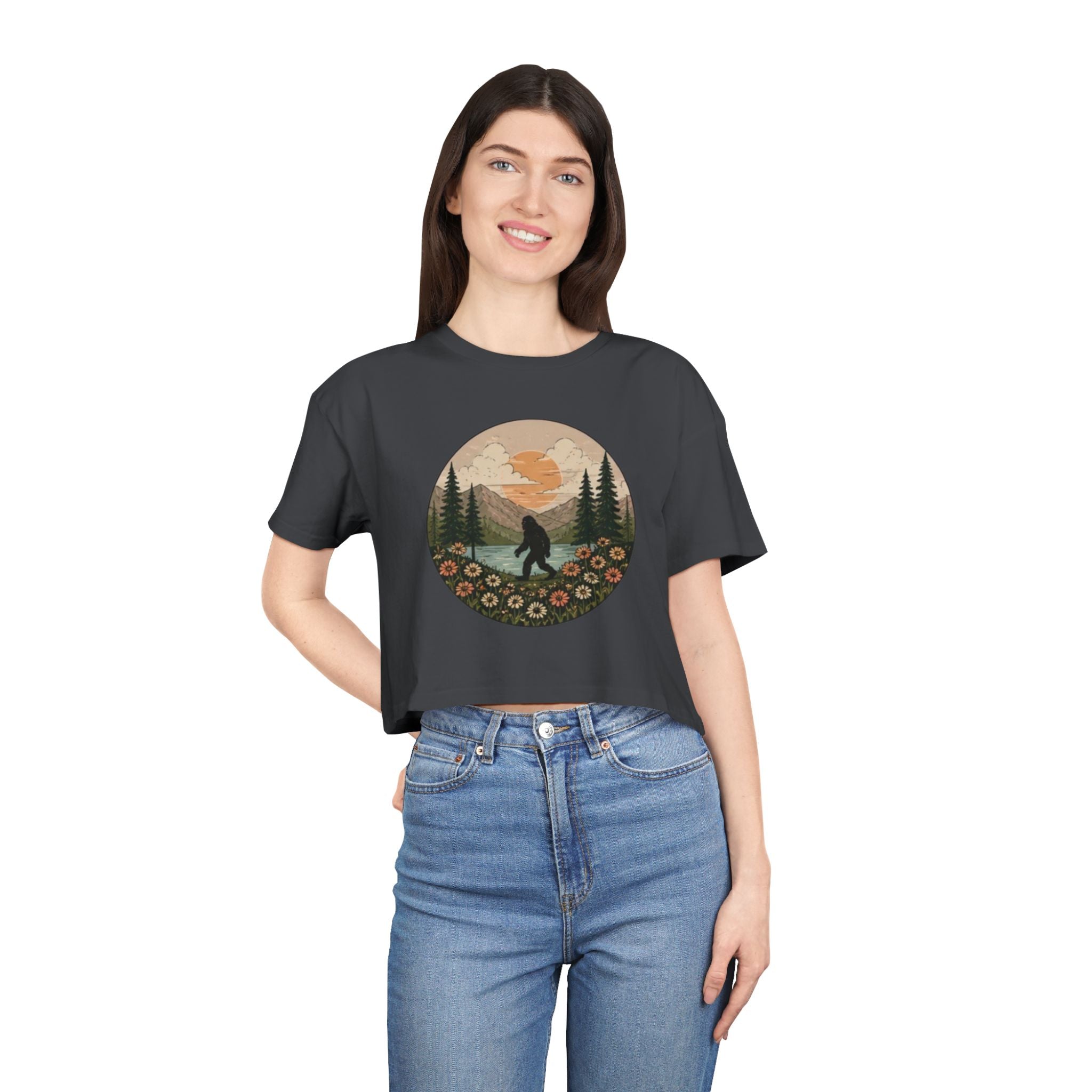 Bigfoot Sunset Crop Tee | Retro Mountain Floral Sasquatch Design