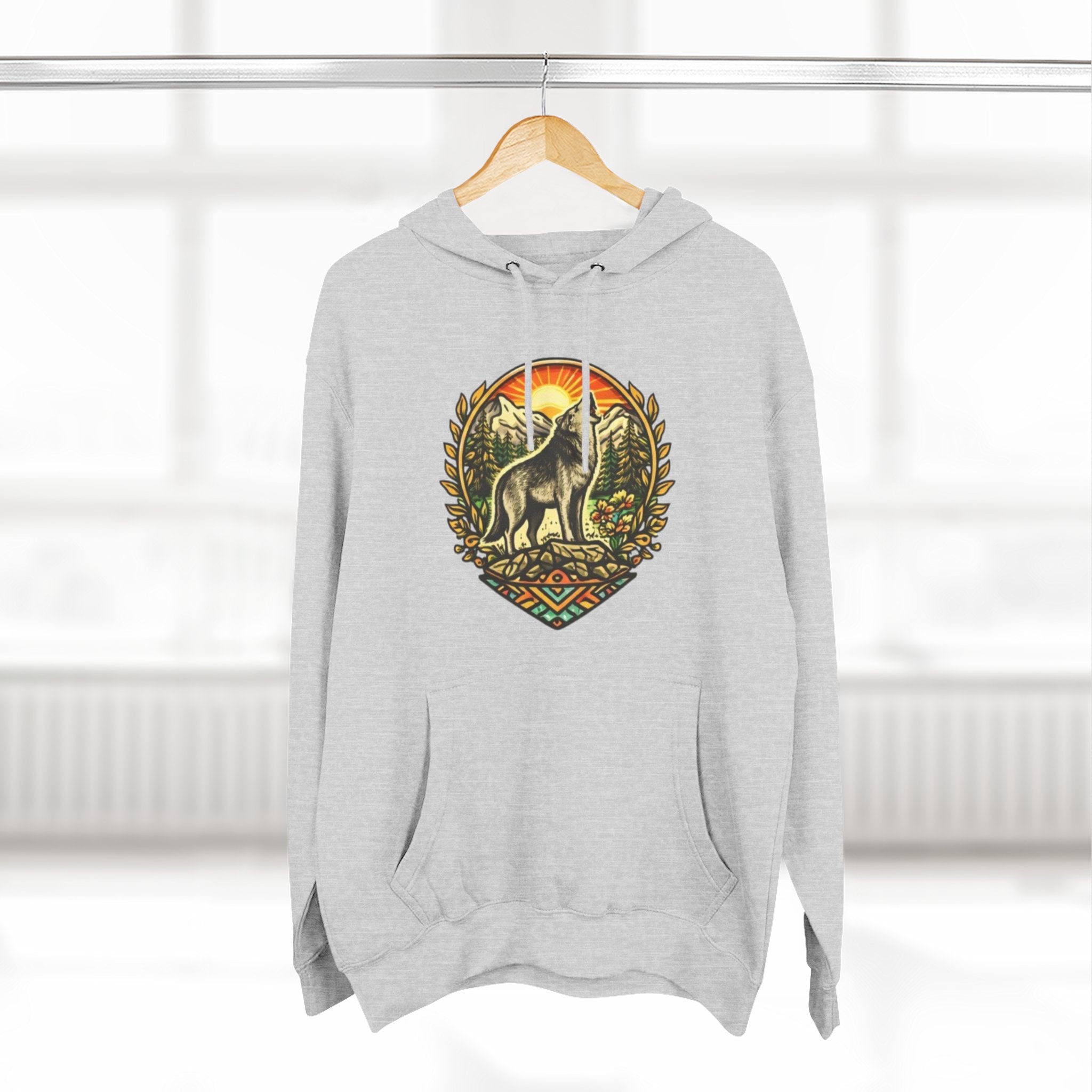 Wolf Sunset Hoodie | Vintage Forest Nature Graphic Fleece Hoodie
