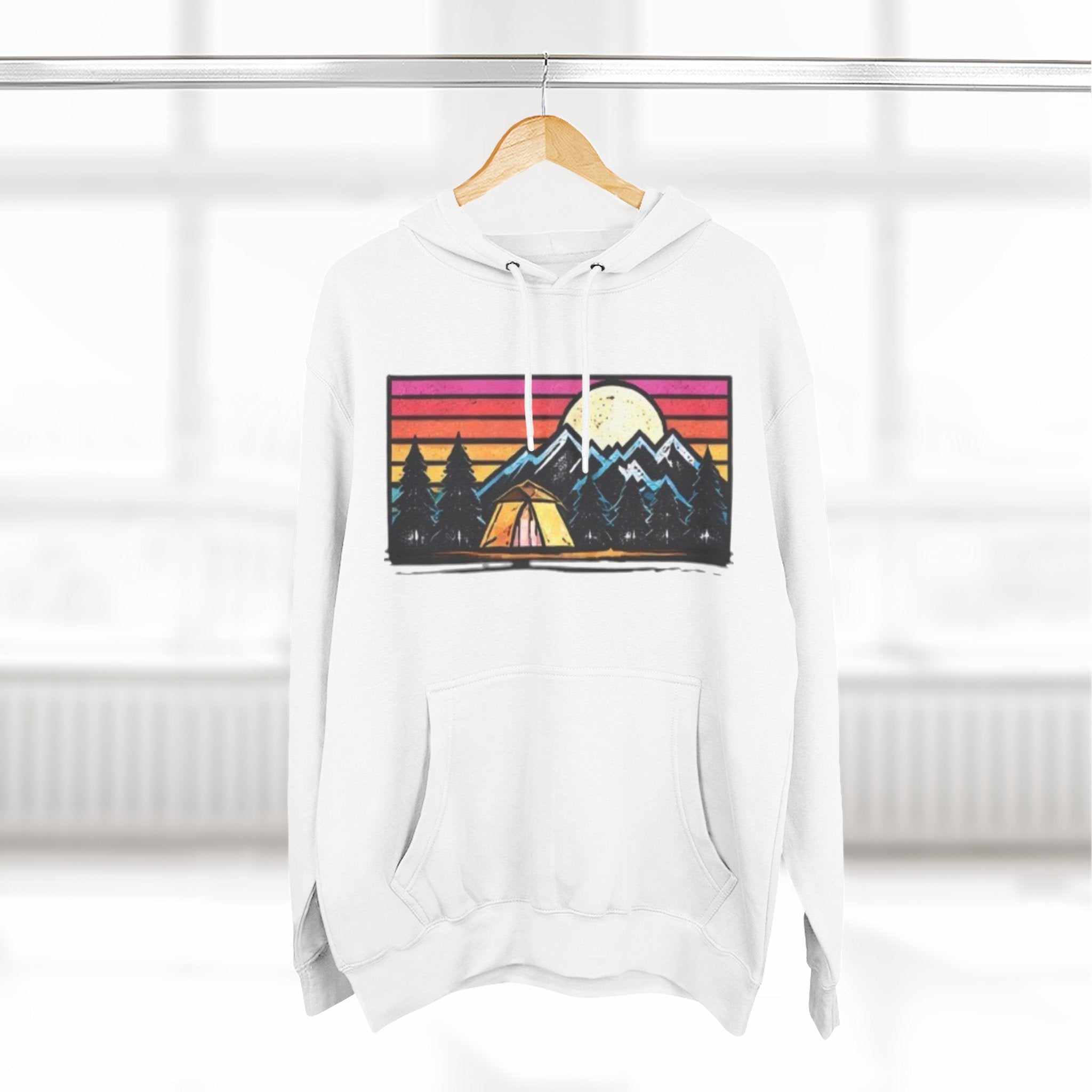 Retro Mountain Camping Hoodie — Sunrise Tent Graphic Fleece Hoodie