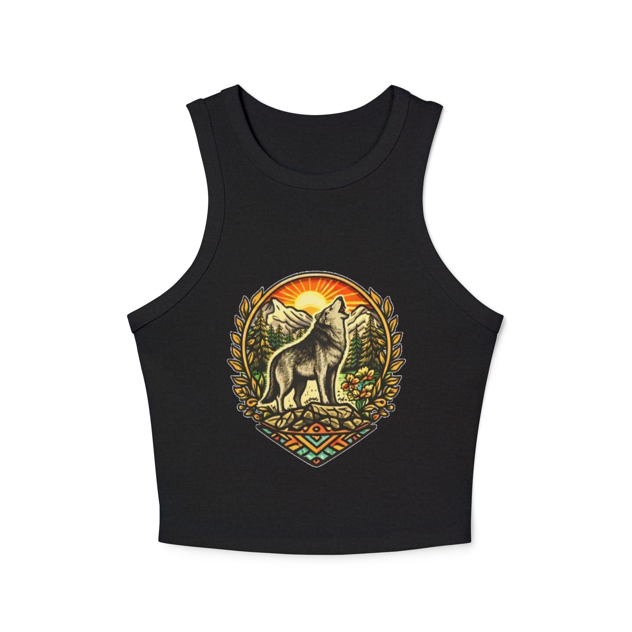 Wolf Sunrise Racer Tank Top | Vintage Nature Graphic Crop