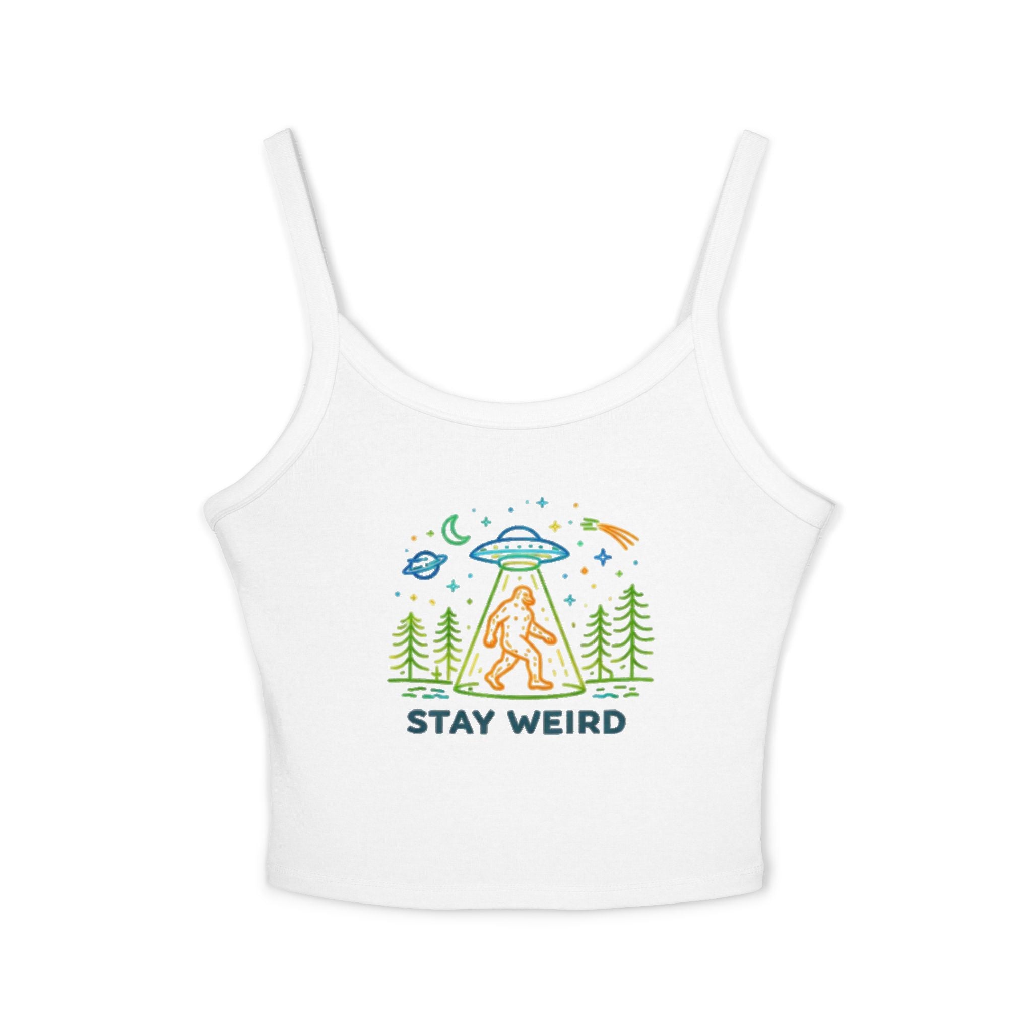 Spaghetti Tank | "Stay Weird" Alien Abduction Graphic Crop Top