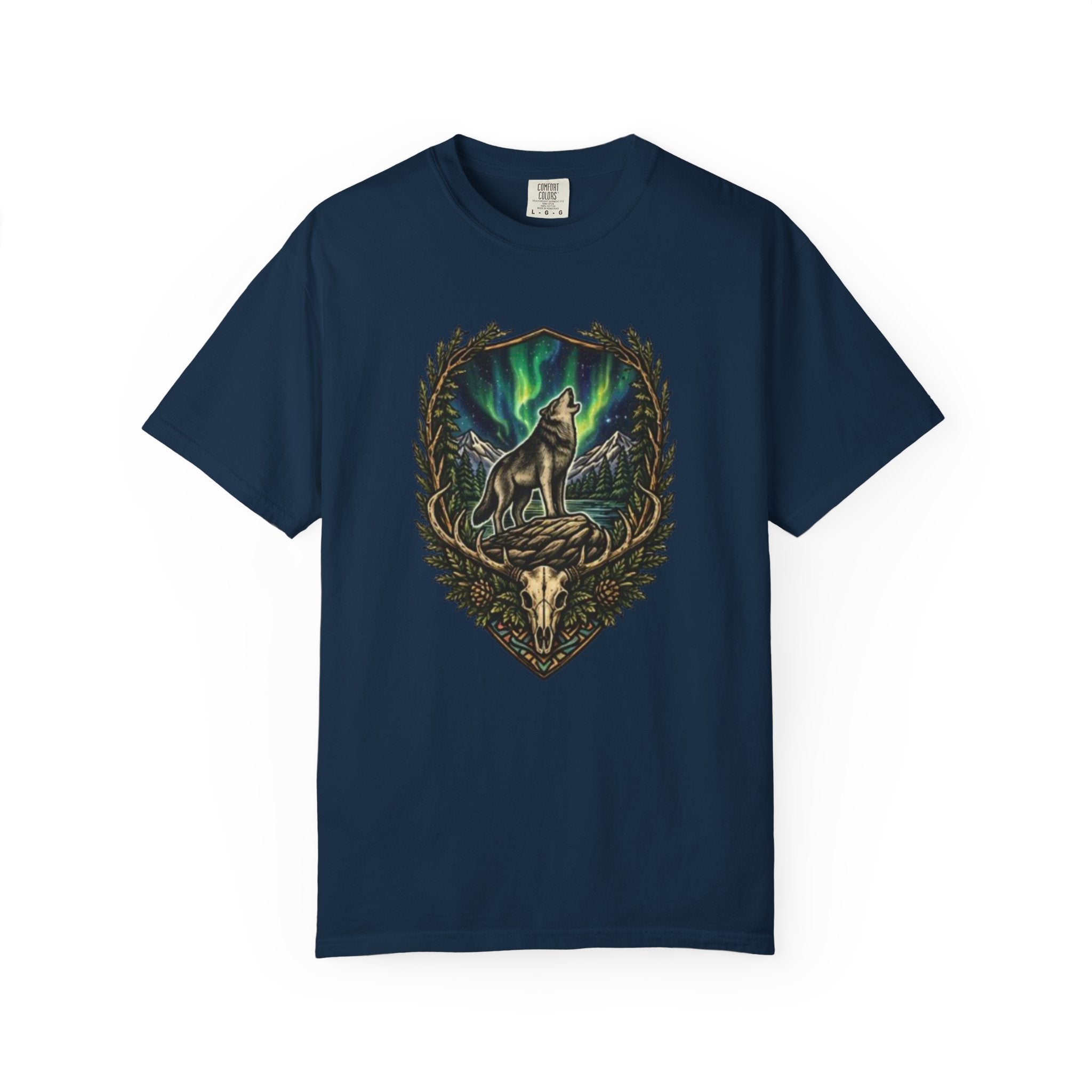 Deer Skull and Wolf Howling T-Shirt | Northern Lights Nature Graphic Tee