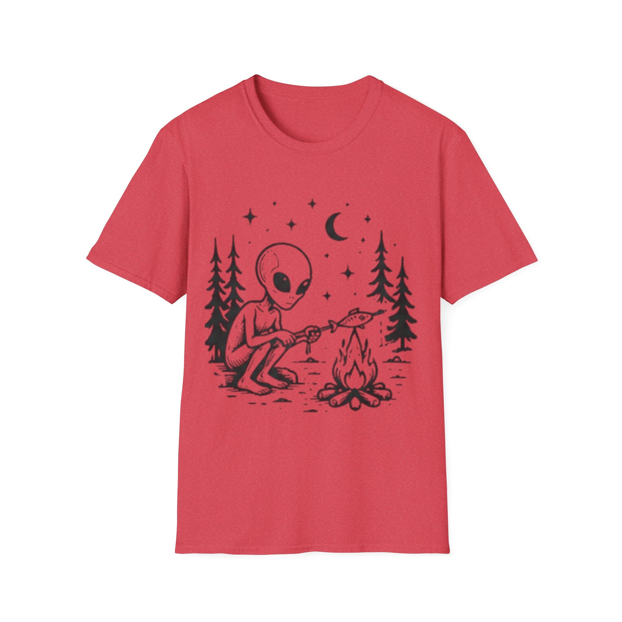 Alien Camping T-Shirt | Cute Space Alien Roasting Fish Graphic Tee