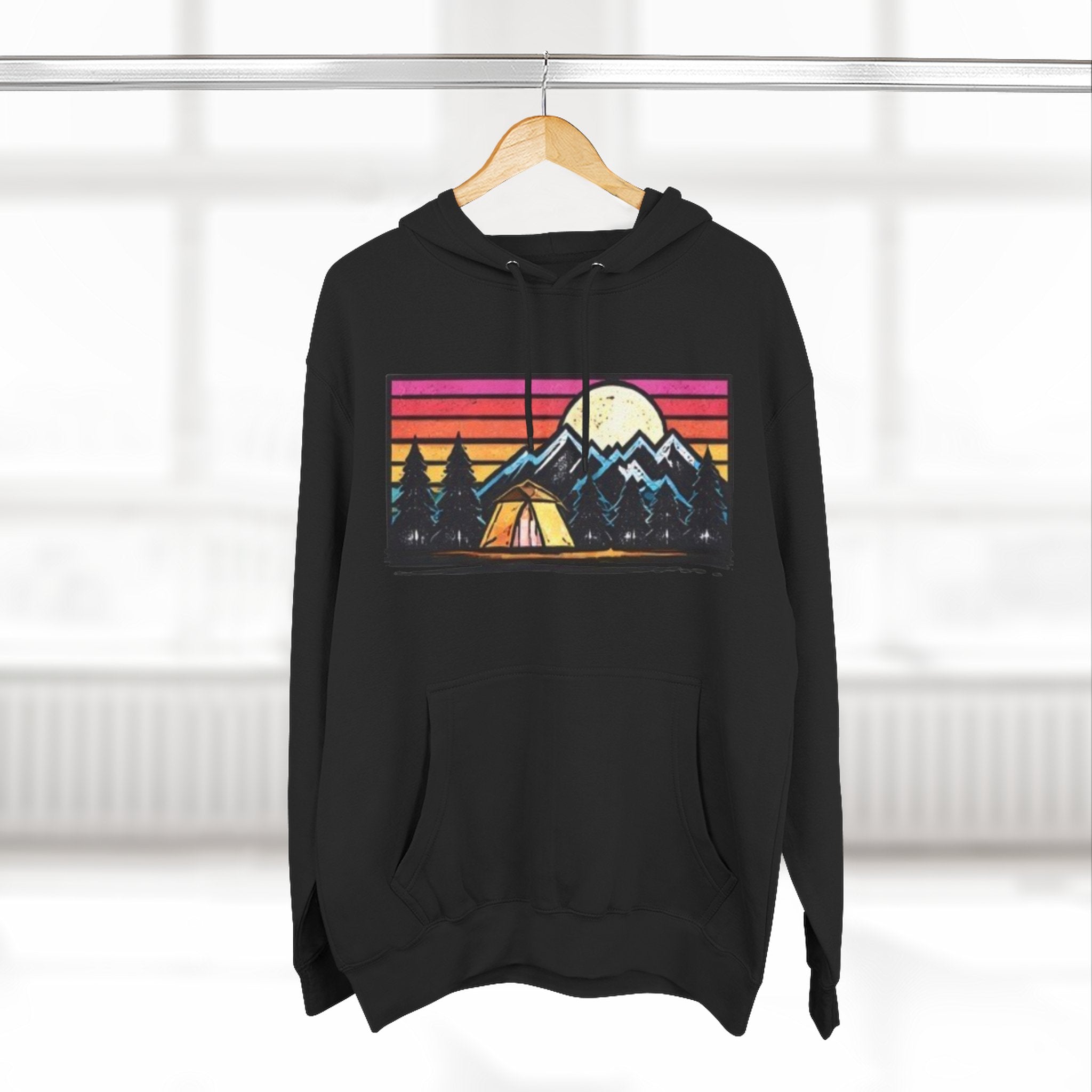 Retro Mountain Camping Hoodie — Sunrise Tent Graphic Fleece Hoodie