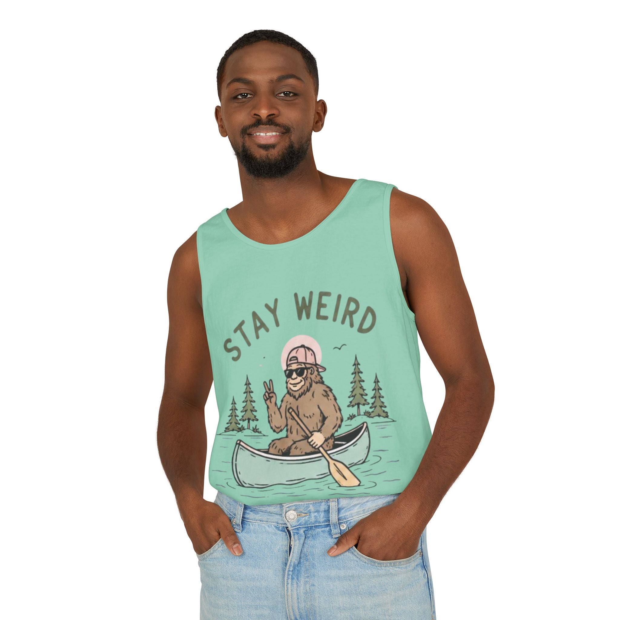 Stay Weird Bigfoot Tank Top | Funny Sasquatch Canoe Graphic Tank