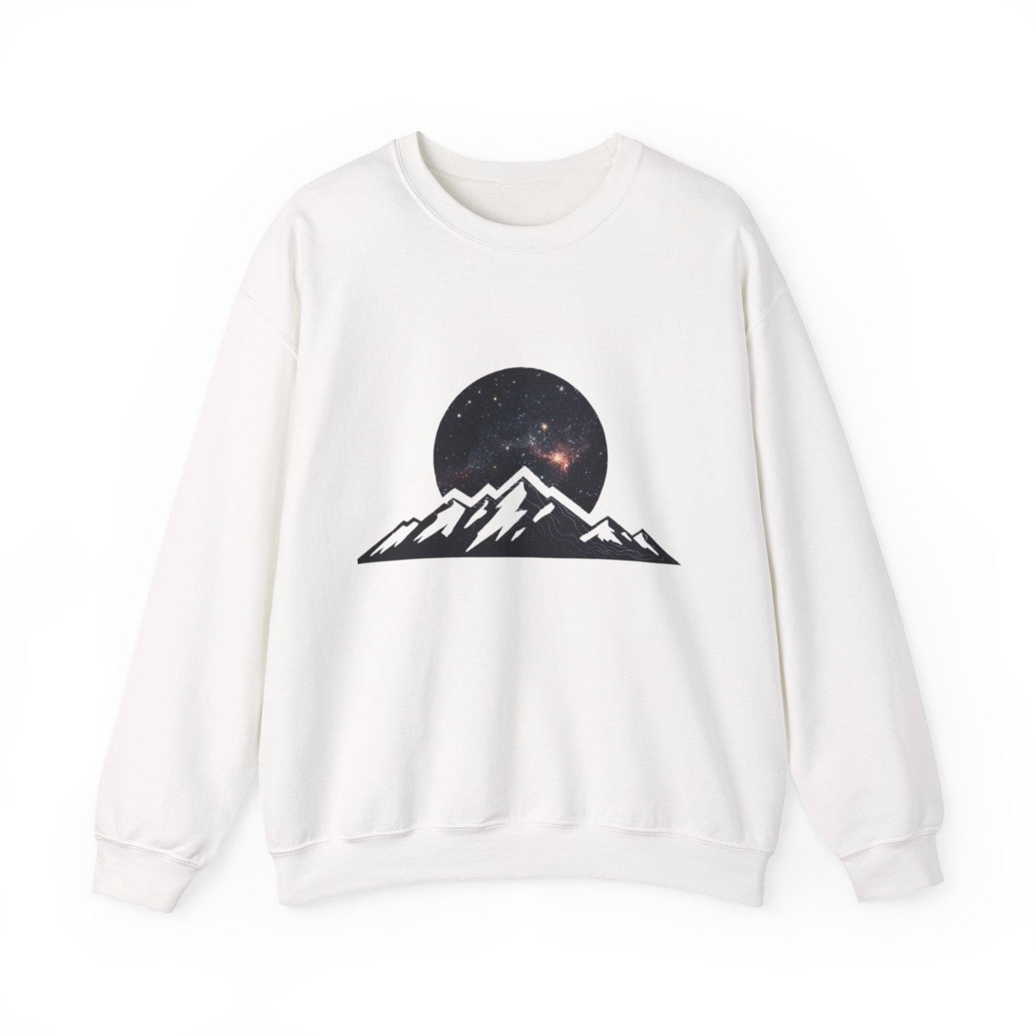 Mountain Night Crewneck Sweatshirt | Galaxy Moon & Peaks Graphic