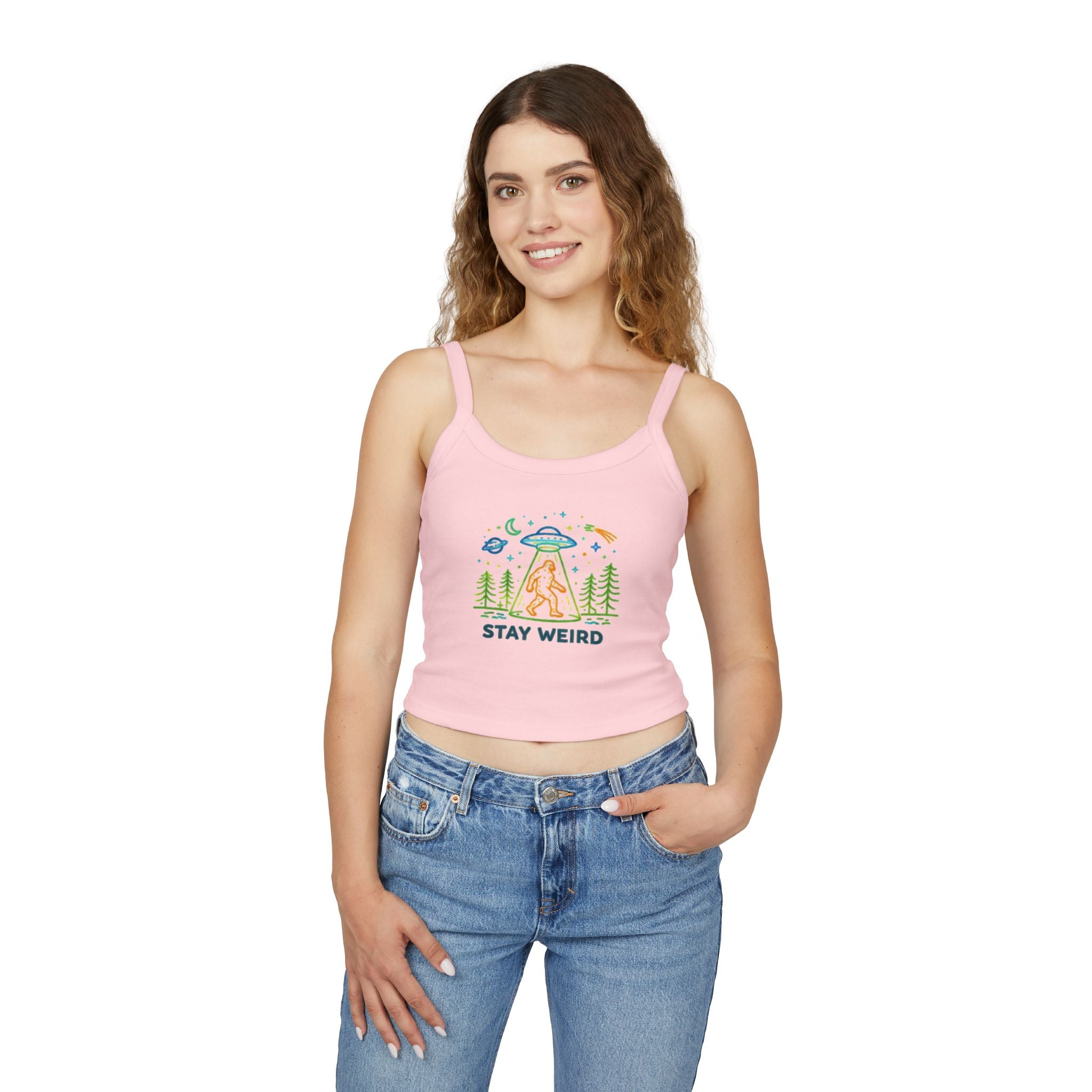 Spaghetti Tank | "Stay Weird" Alien Abduction Graphic Crop Top