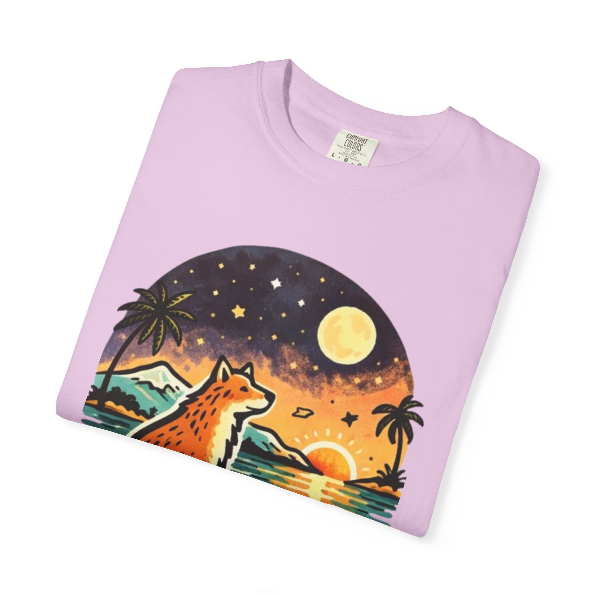 Fox Sunset T-Shirt - Beach Fox Graphic Tee with Skull, Moon & Palm Trees