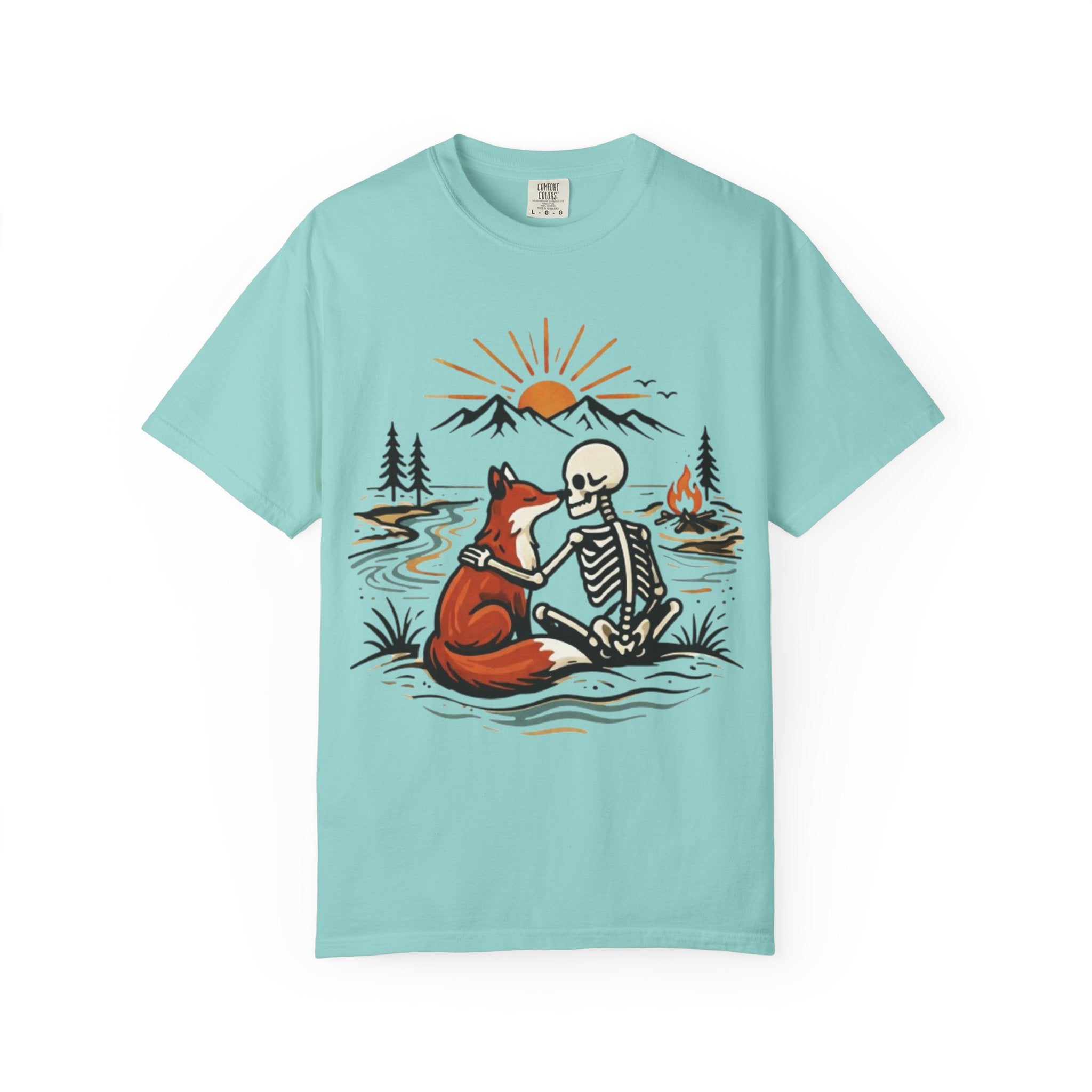 Skeleton & Fox Tee Retro Campfire Nature Graphic T-Shirt