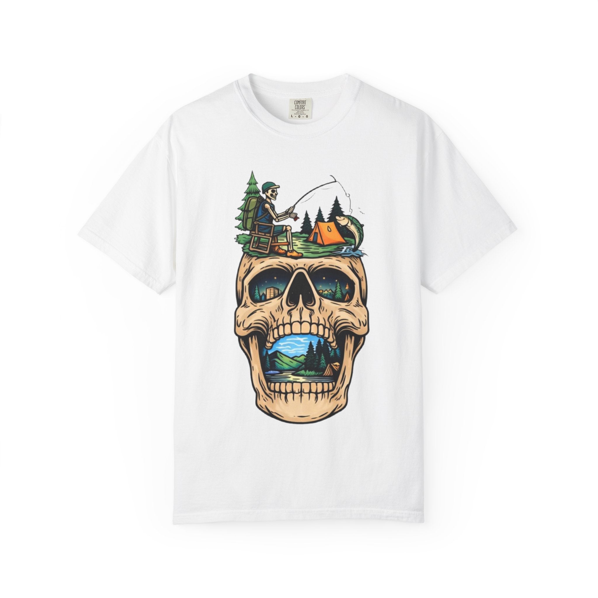 Skull Camping Scene T-shirt | Fishing, Tent, Forest Outdoor Graphic