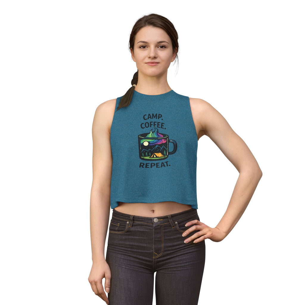 Camping Coffee Crop Tank | "Camp. Coffee. Repeat" Graphic Women's Top