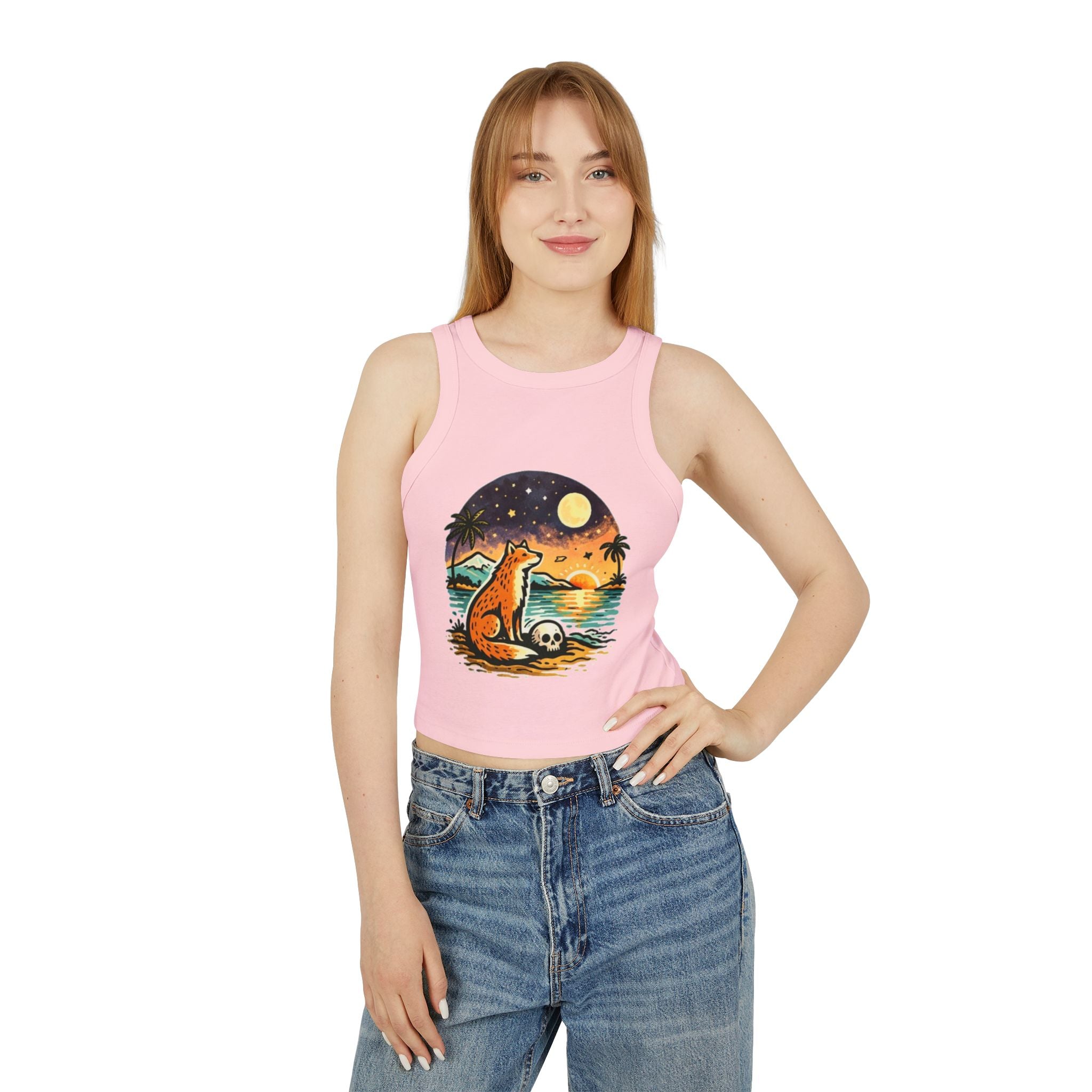Fox Sunset Racer Tank Top | Vintage Beach Moon Graphic