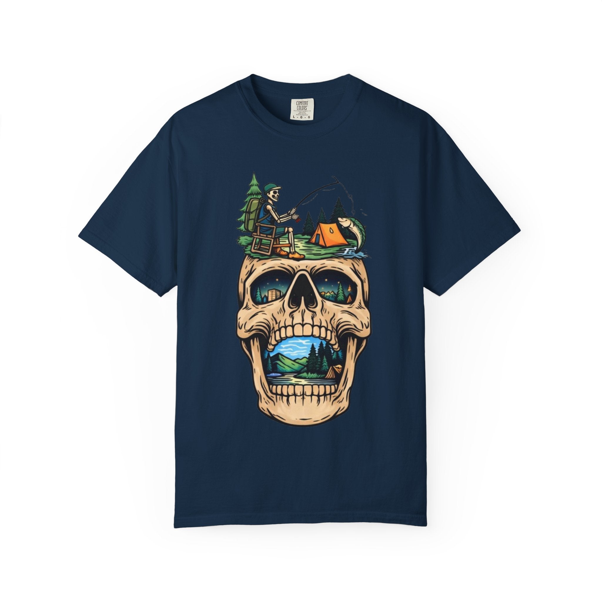 Skull Camping Scene T-shirt | Fishing, Tent, Forest Outdoor Graphic
