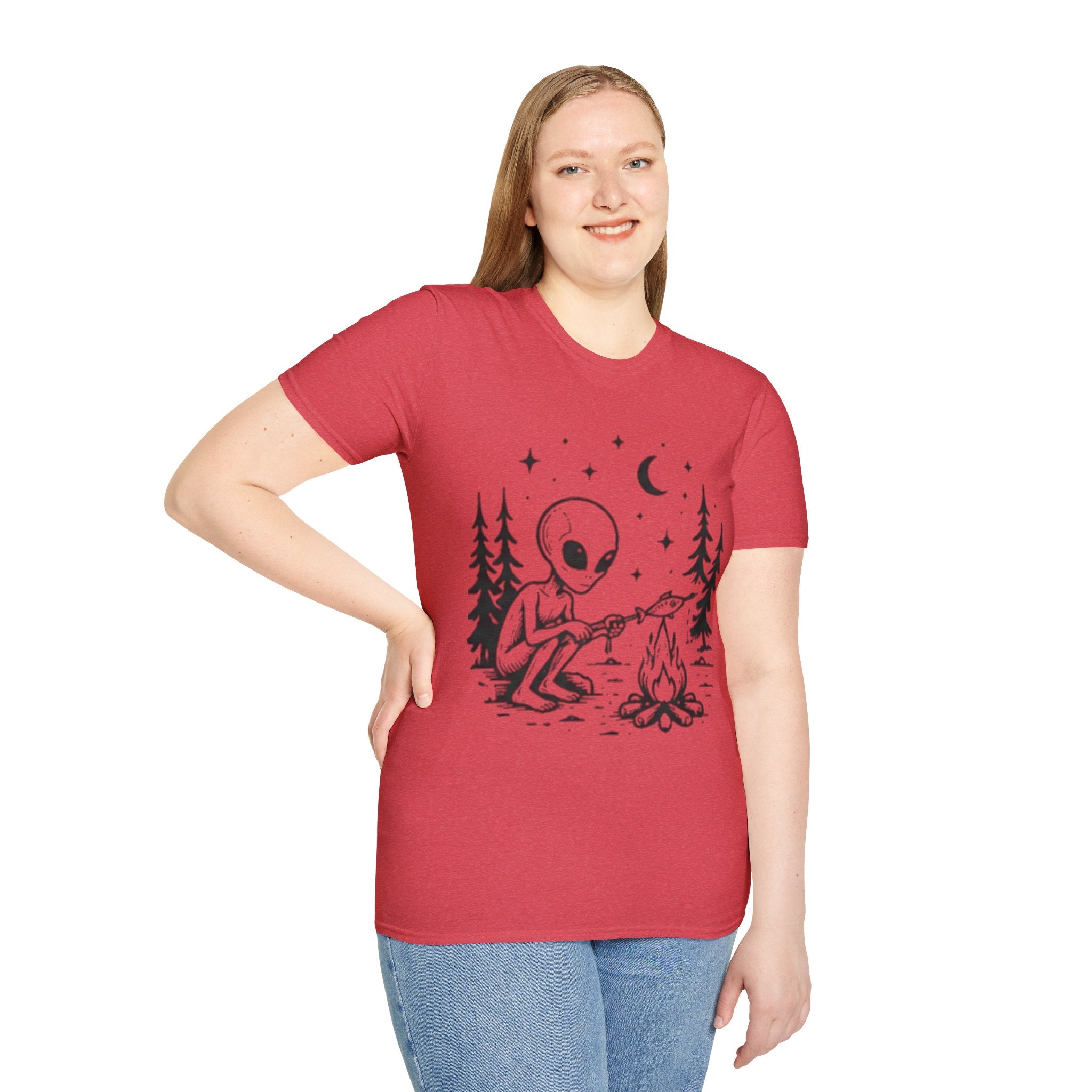 Alien Camping T-Shirt | Cute Space Alien Roasting Fish Graphic Tee