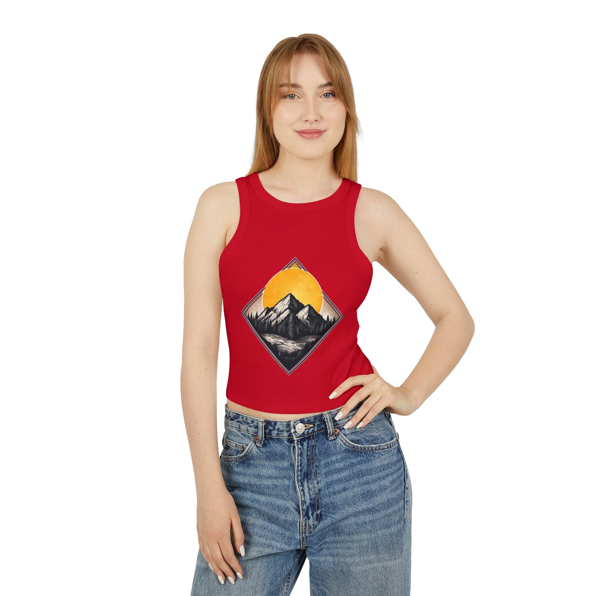 Womens Racer Tank Top | Mountain Sunset Graphic Crop Top