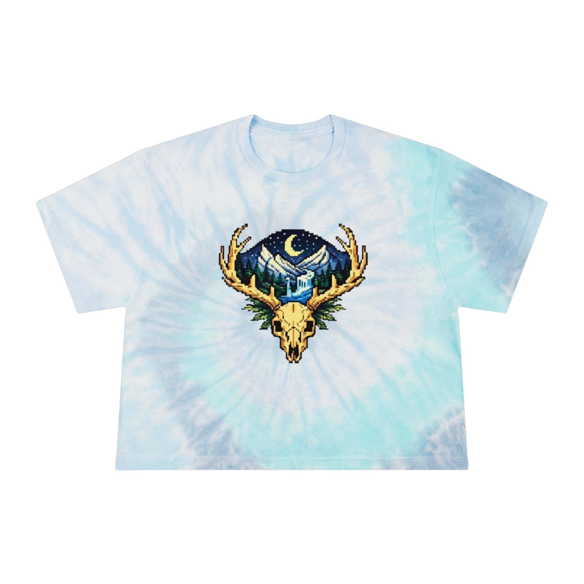 Tie-Dye Crop Tee | Pixel Art Deer Skull & Mountainscape