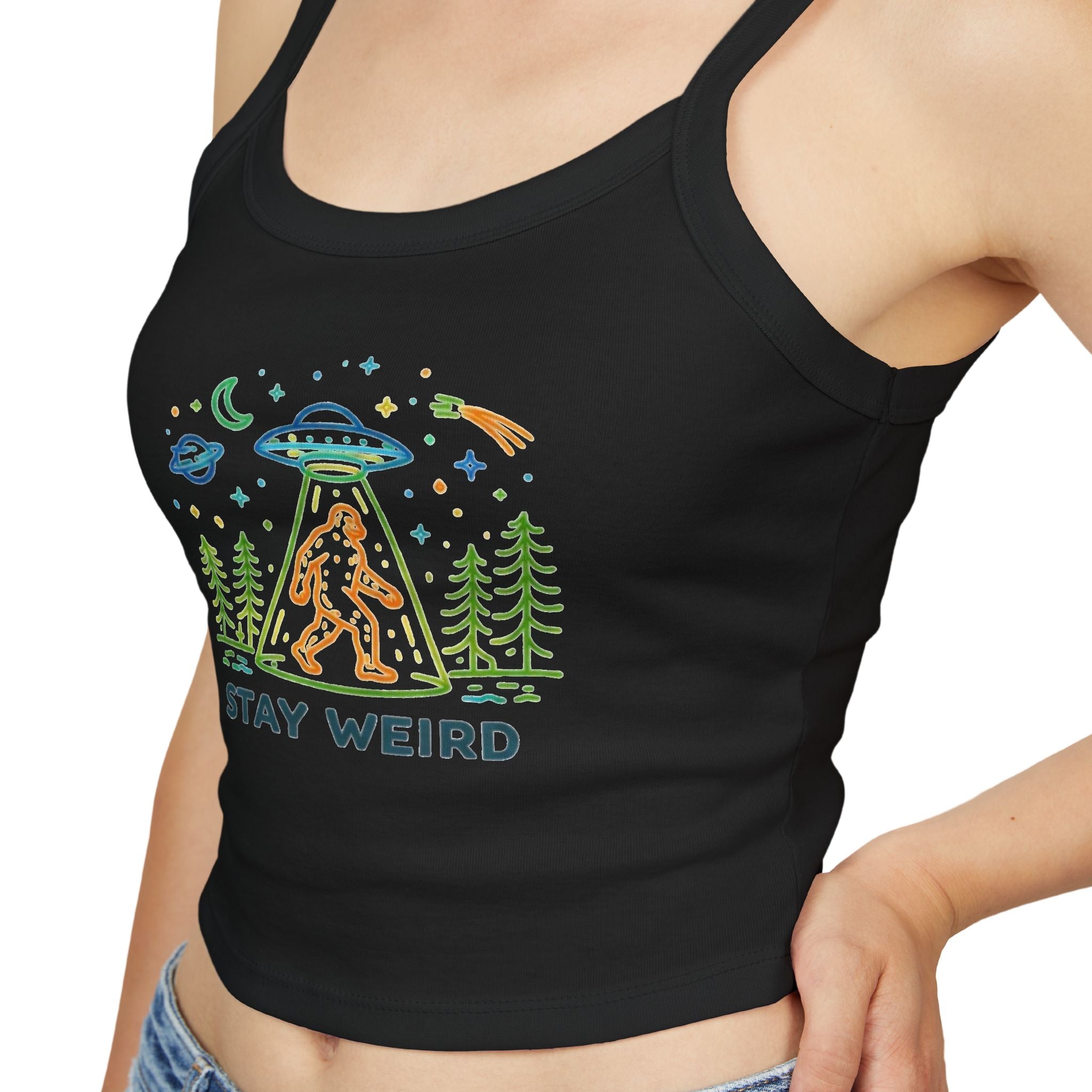 Spaghetti Tank | "Stay Weird" Alien Abduction Graphic Crop Top
