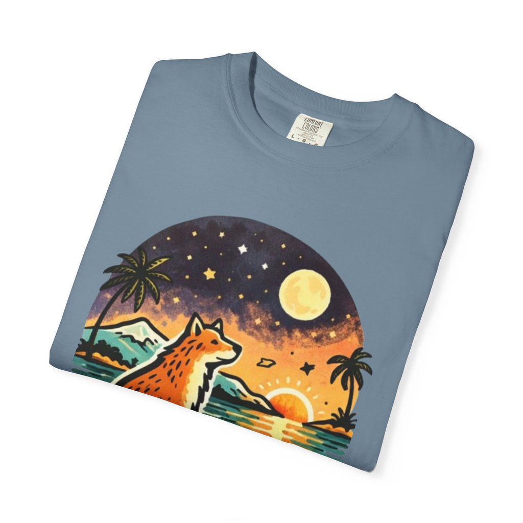 Fox Sunset T-Shirt - Beach Fox Graphic Tee with Skull, Moon & Palm Trees