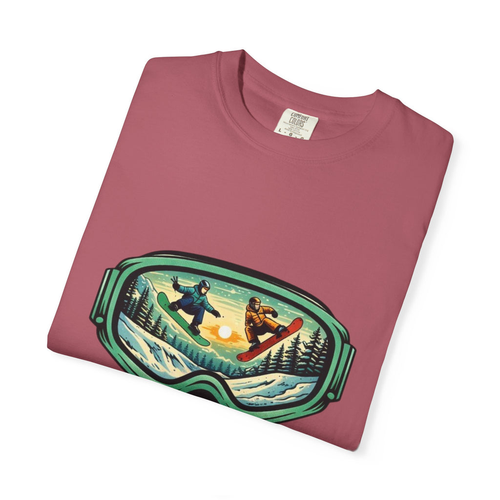 Snowboard Goggles Graphic T-Shirt | Mountain Scene with Ride the Ridge Design