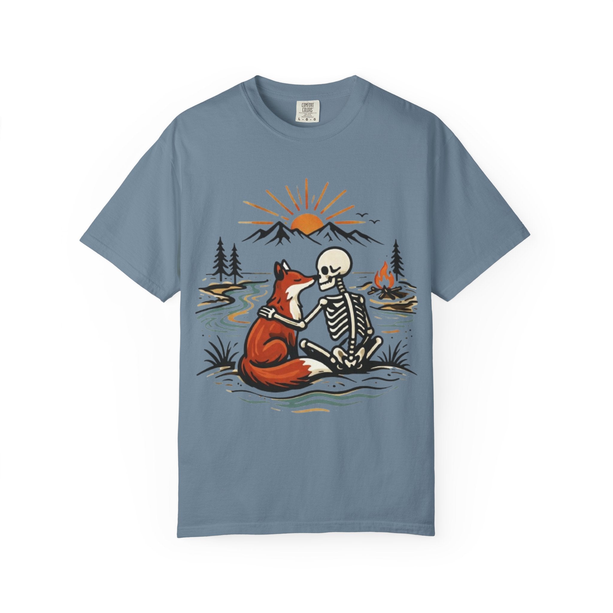 Skeleton & Fox Tee Retro Campfire Nature Graphic T-Shirt