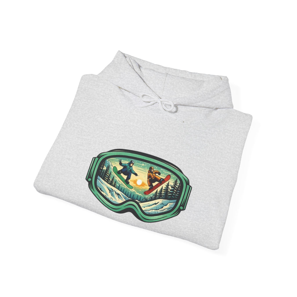 Snowboard Goggles Graphic Hoodie | Winter Mountain Sunset Scene