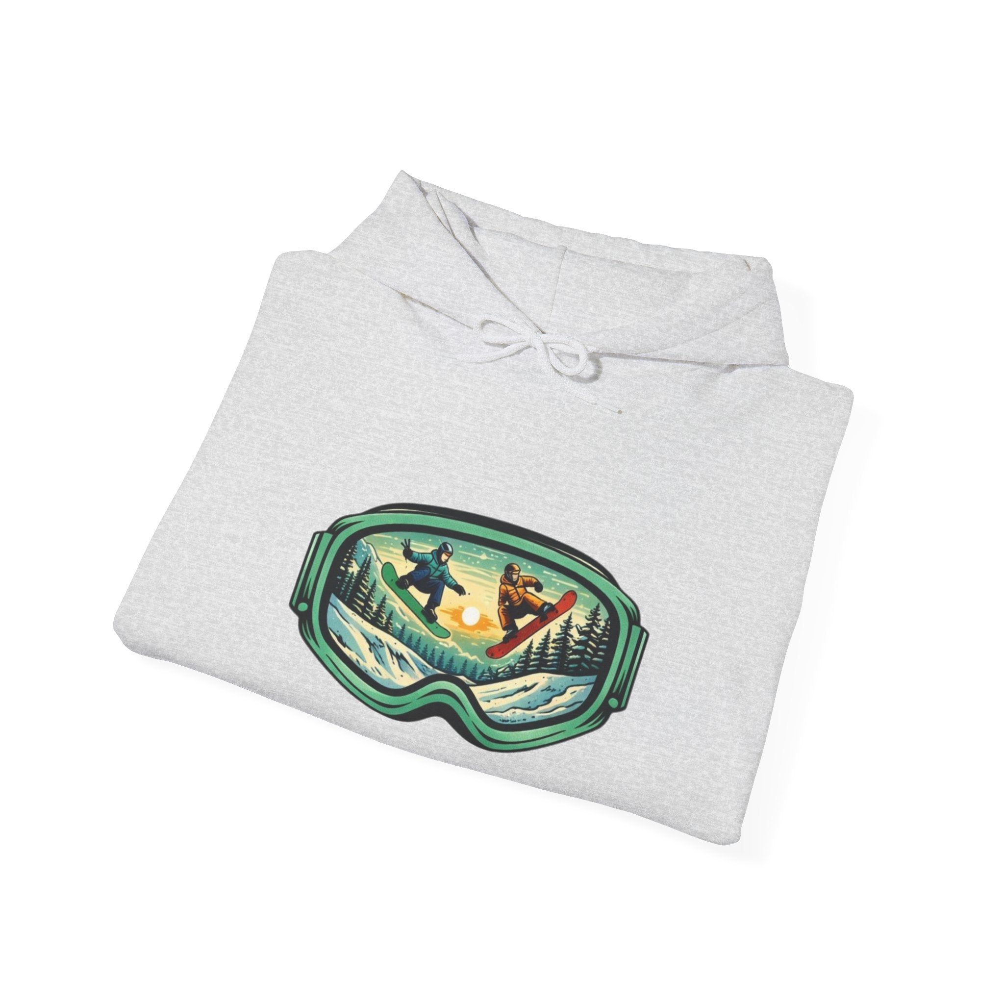 Snowboard Goggles Graphic Hoodie | Winter Mountain Sunset Scene