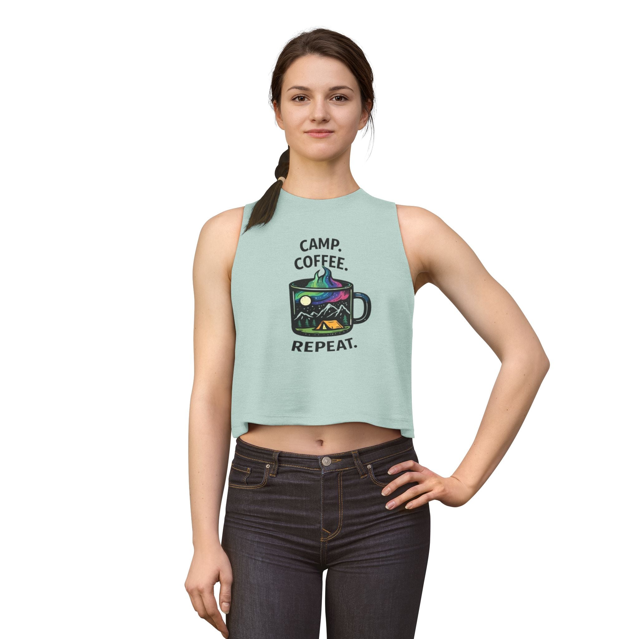 Camping Coffee Crop Tank | "Camp. Coffee. Repeat" Graphic Women's Top