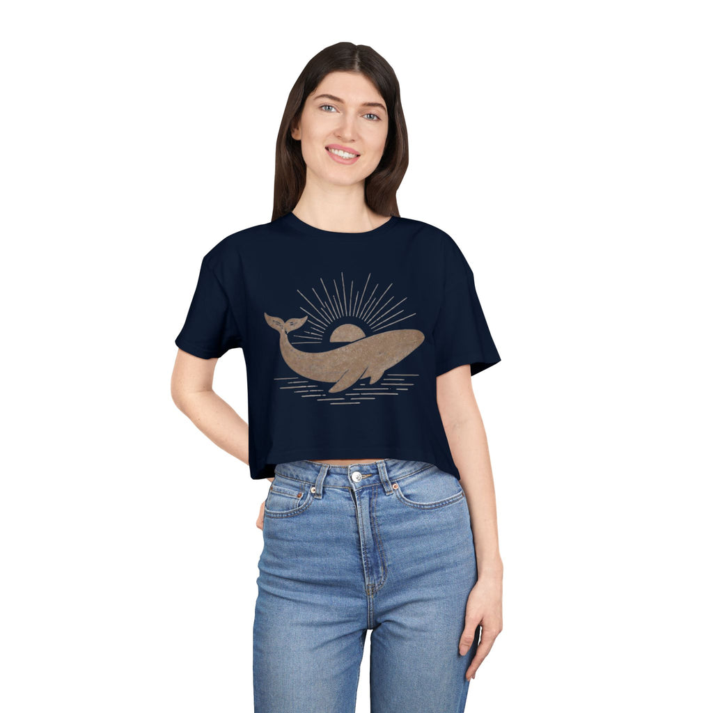 Whale Sunset Crop Tee | Vintage Ocean Graphic Womens Top