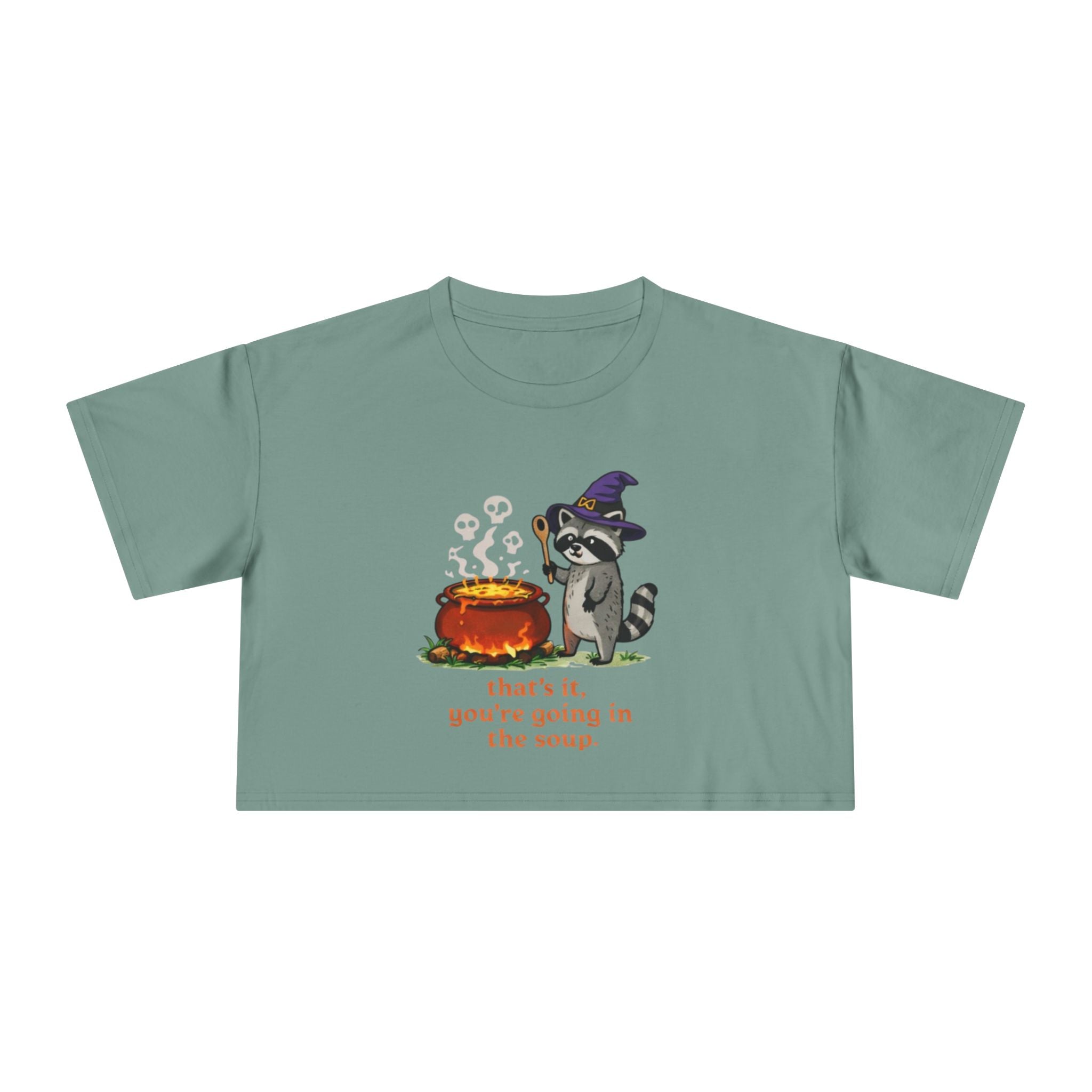 Witch Raccoon Crop Tee | "thats it youre going in the soup" Halloween Graphic Top