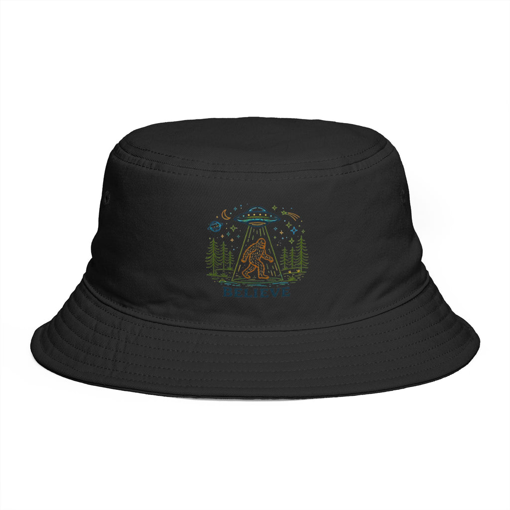 Bigfoot Night UFO Bucket Hat | Retro Forest Sasquatch Camping Design