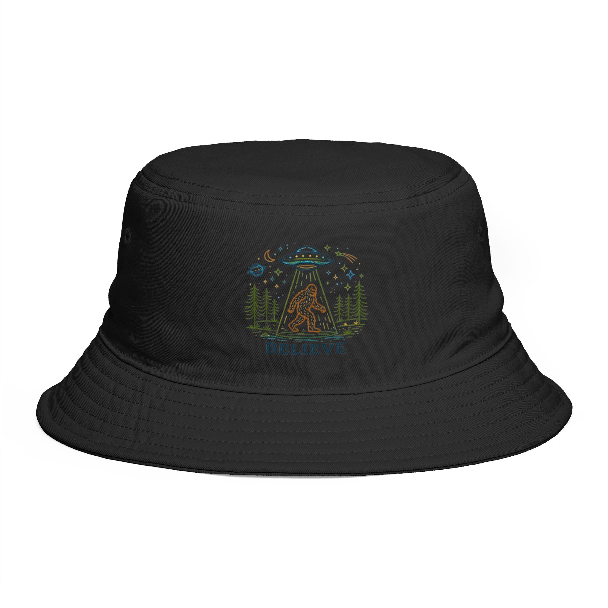 Bigfoot Night UFO Bucket Hat | Retro Forest Sasquatch Camping Design