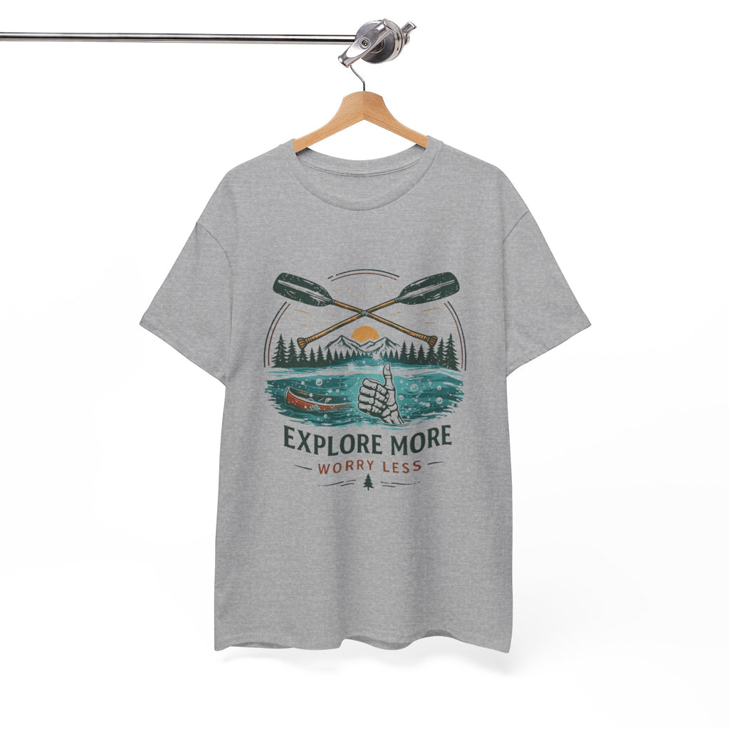 Explore More Worry Less T-Shirt | Outdoor Camping Canoe Graphic Skeleton Tee