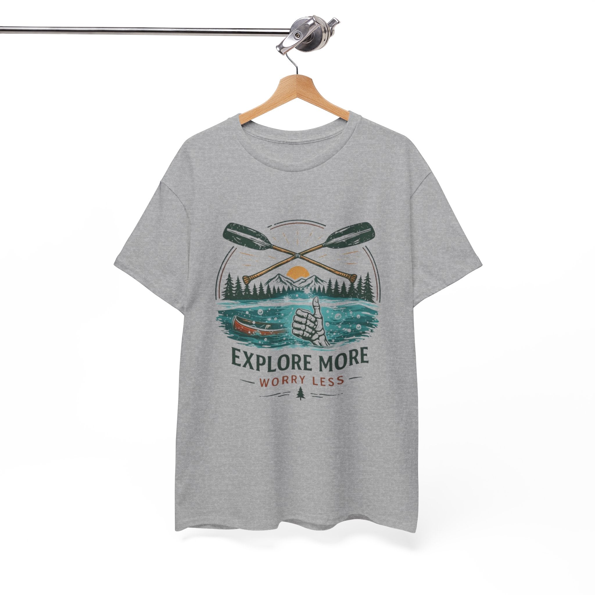 Explore More Worry Less T-Shirt | Outdoor Camping Canoe Graphic Skeleton Tee