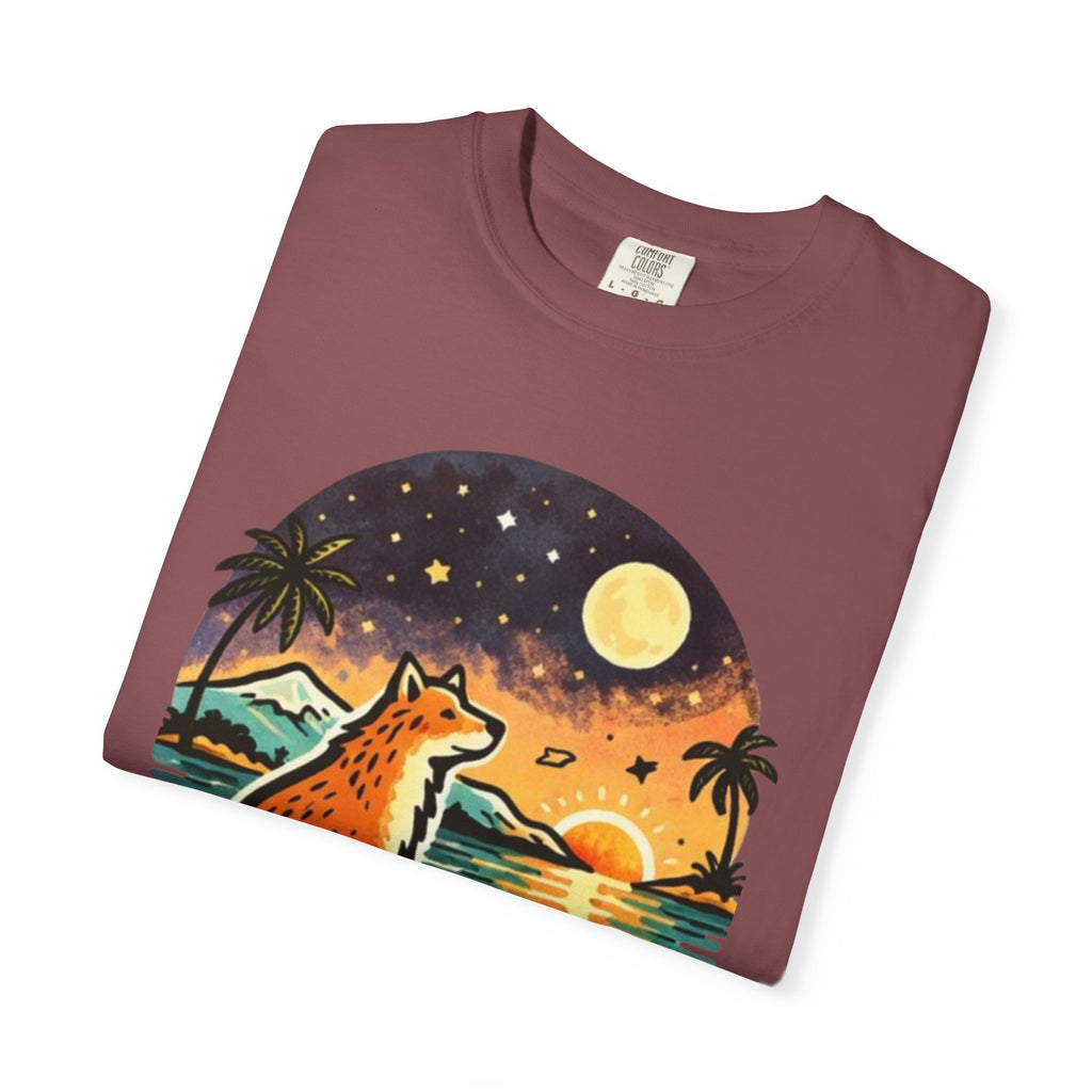 Fox Sunset T-Shirt - Beach Fox Graphic Tee with Skull, Moon & Palm Trees