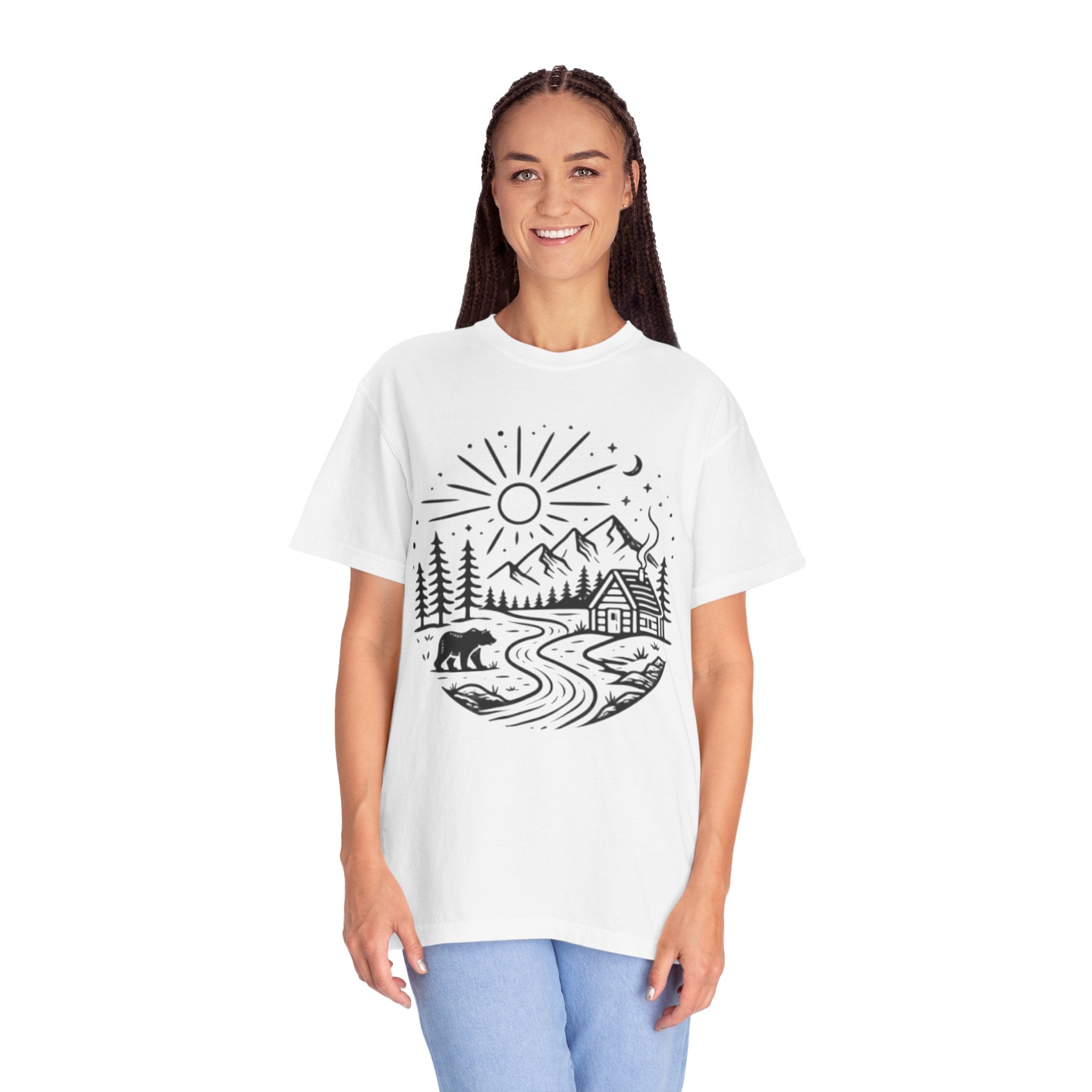 Nature Cabin T-Shirt | Scenic Mountain, River & Bear Outdoor Graphic Tee