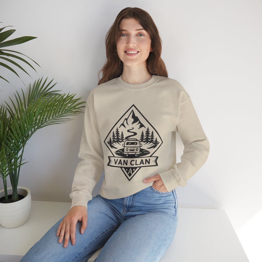 Van Clan Crewneck Sweatshirt | Vintage Camper Van Mountain Graphic