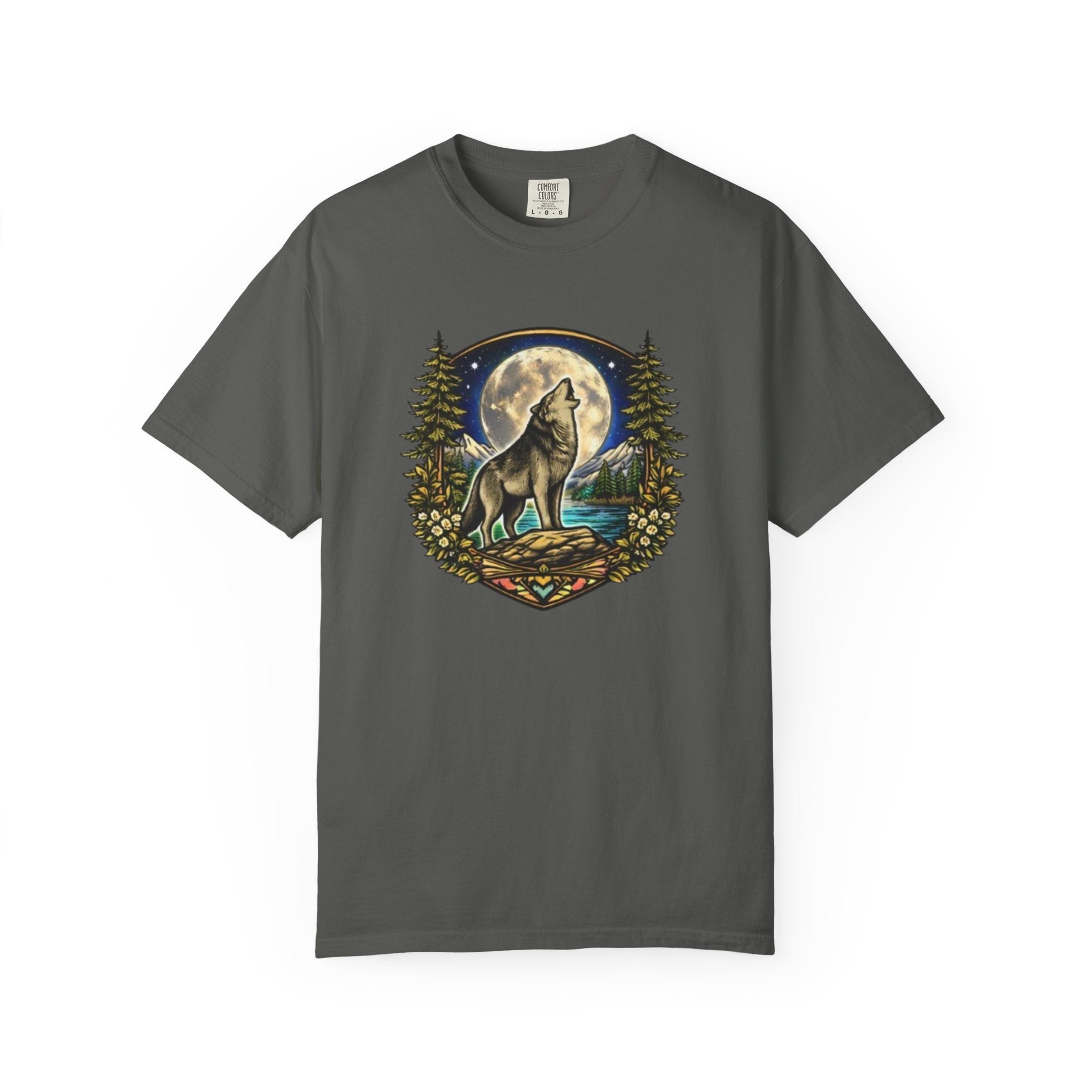 Wolf Howling at Full Moon T-Shirt | Forest Tree Border Graphic