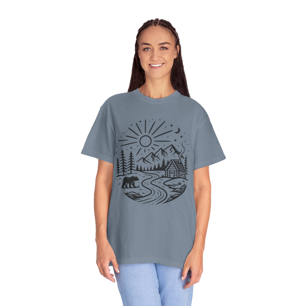 Nature Cabin T-Shirt | Scenic Mountain, River & Bear Outdoor Graphic Tee