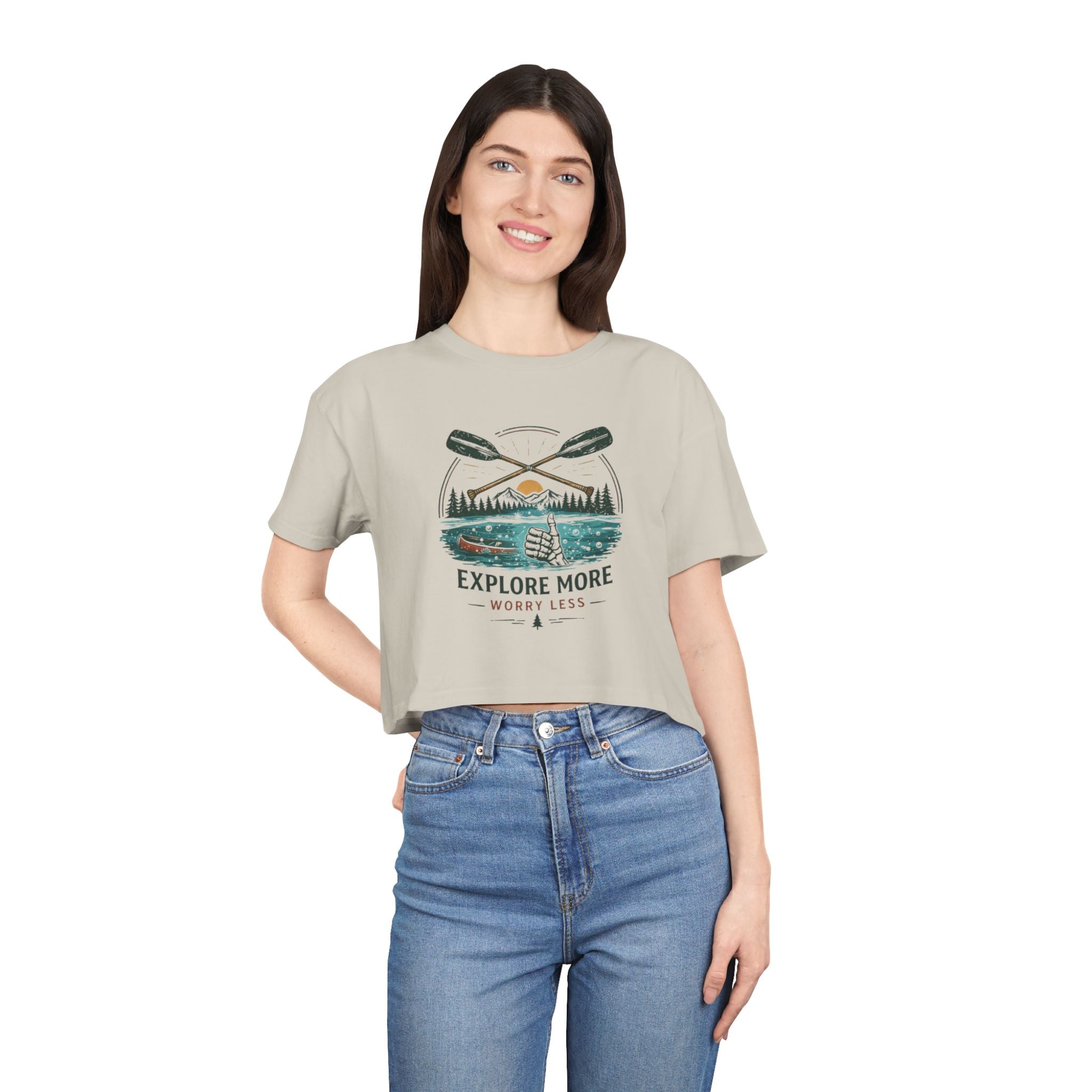 Crop Tee | Explore More "Worry Less" Outdoor Adventure Graphic