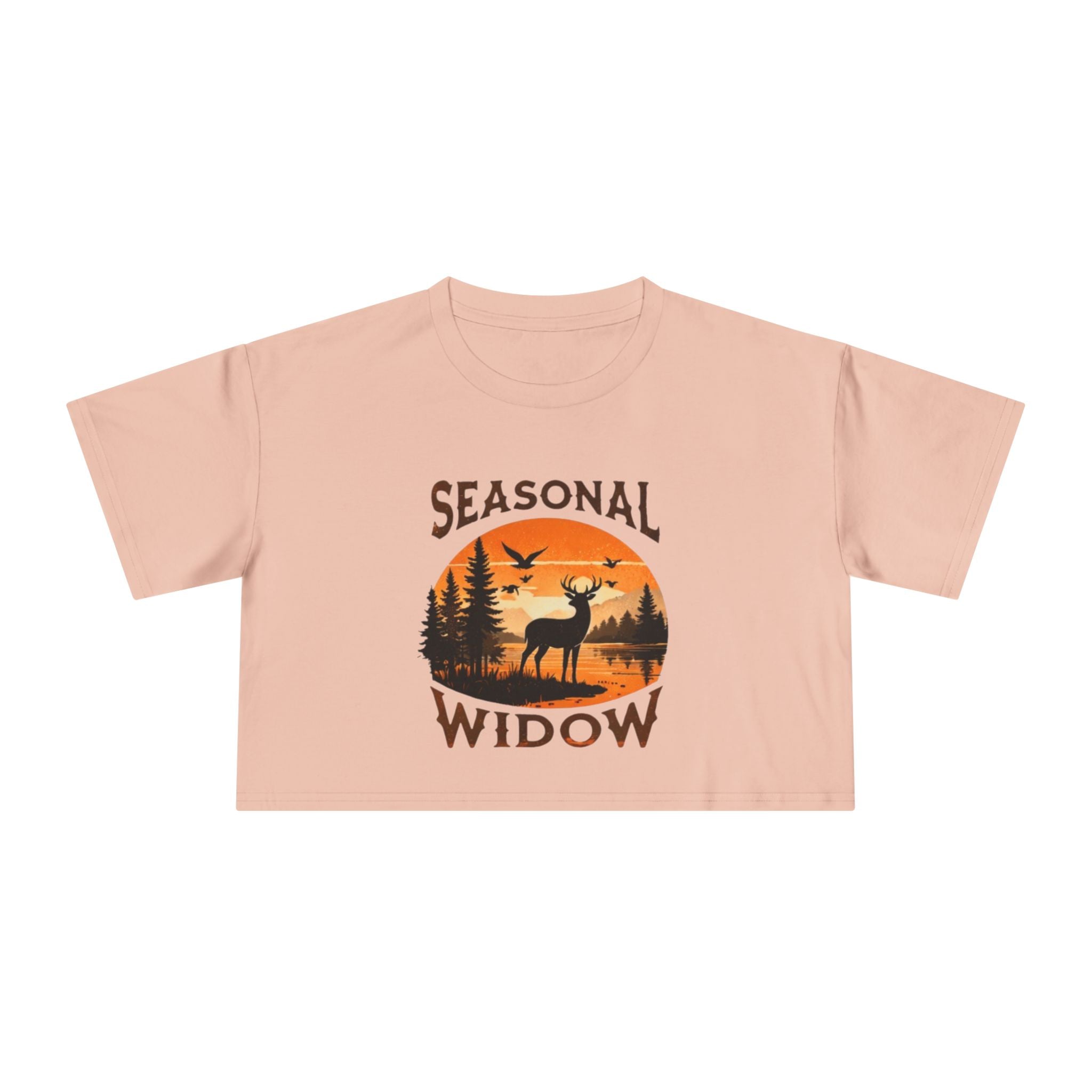 Seasonal Widow Crop Tee | Autumn Hunting Deer Sunset Graphic