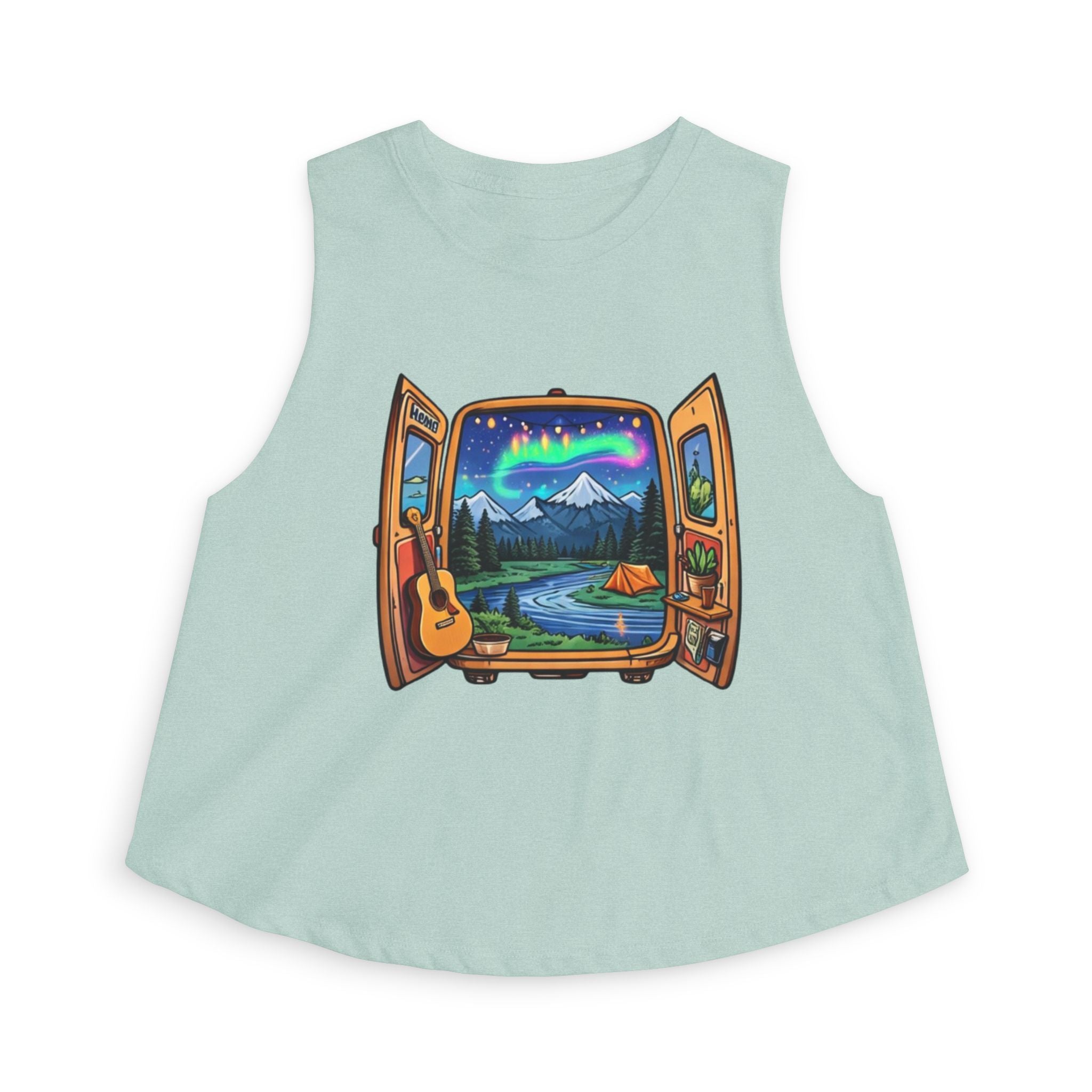 Adventure Window Crop Top | Mountain Camping, Aurora & Guitar Graphic