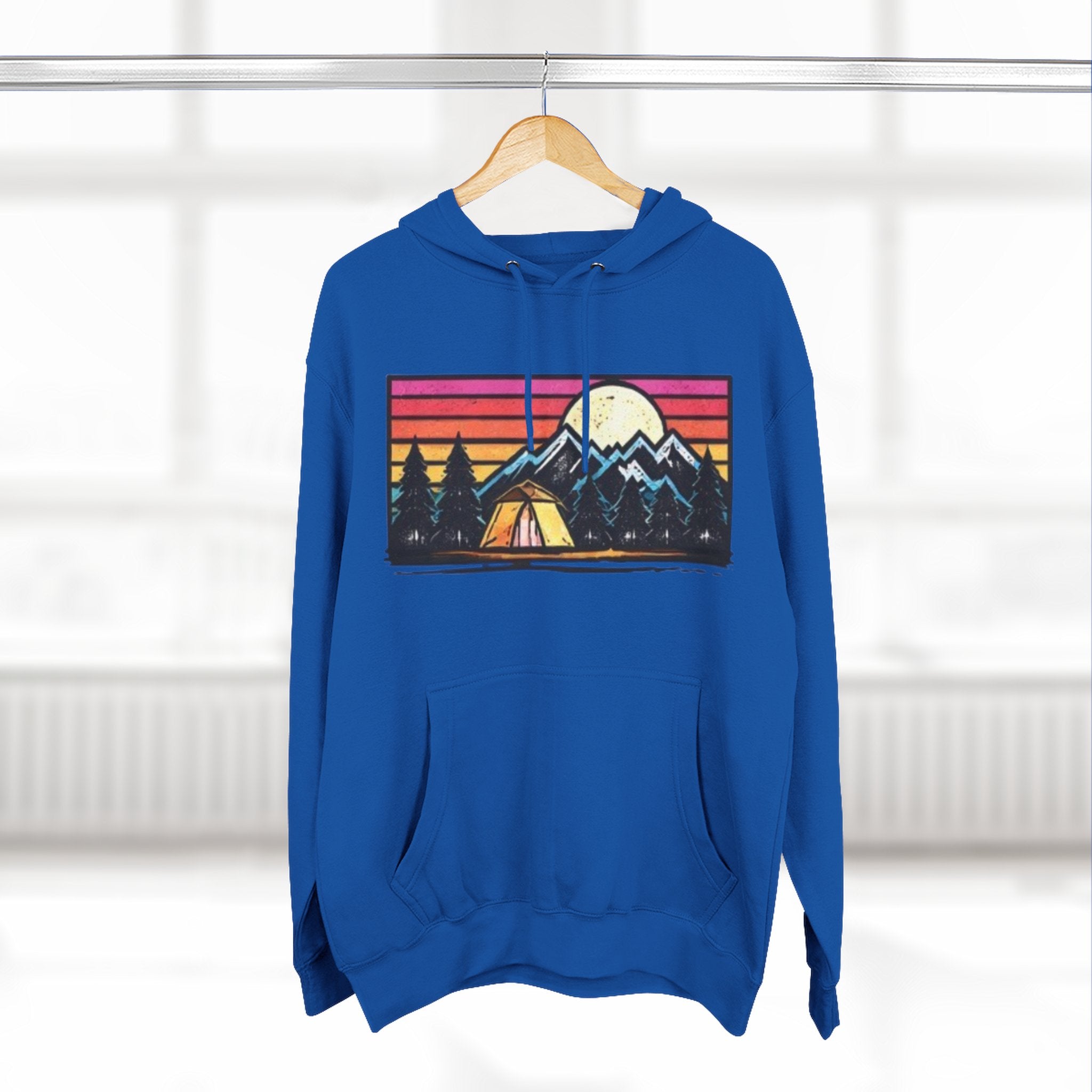 Retro Mountain Camping Hoodie — Sunrise Tent Graphic Fleece Hoodie