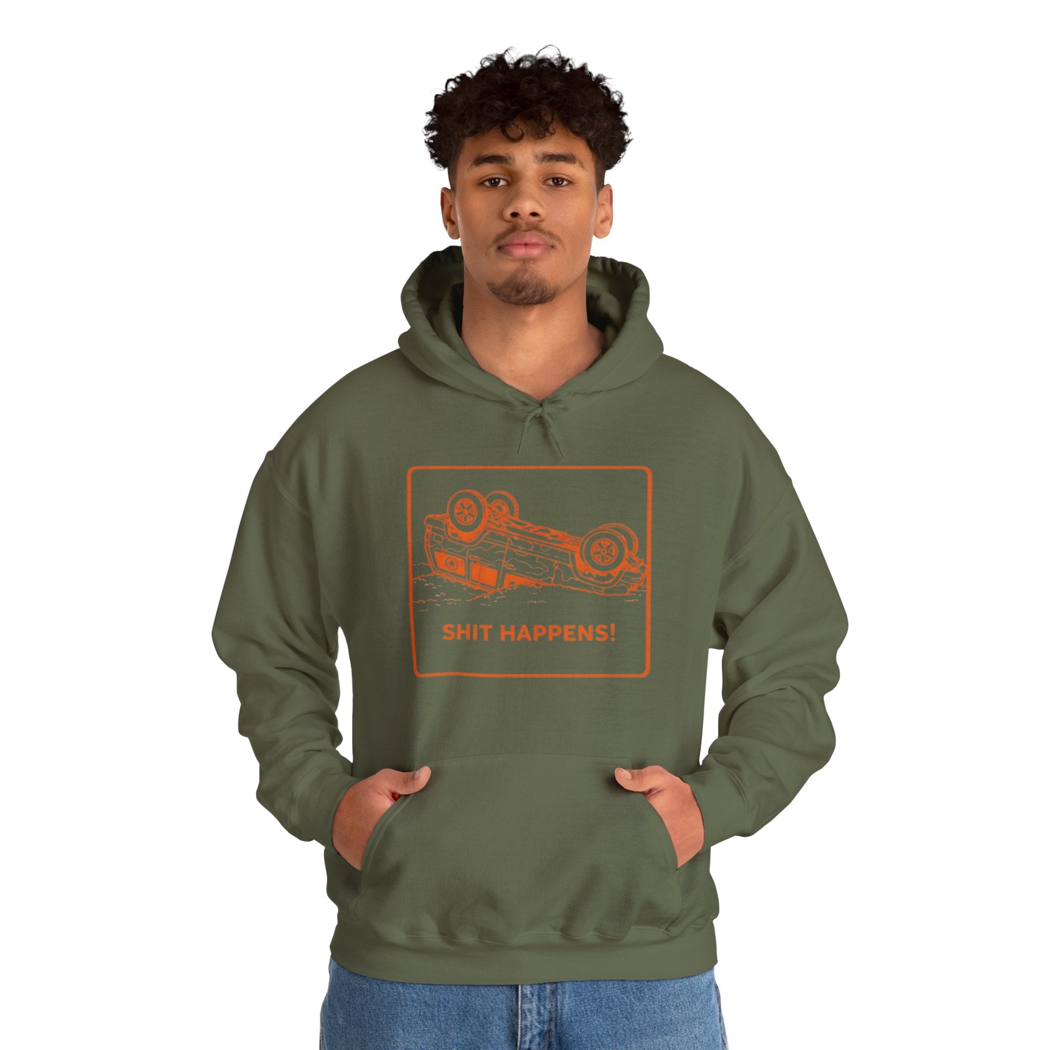 Hoodie | "Shit Happens" Upside-Down Car Graphic Comfort Hoodie