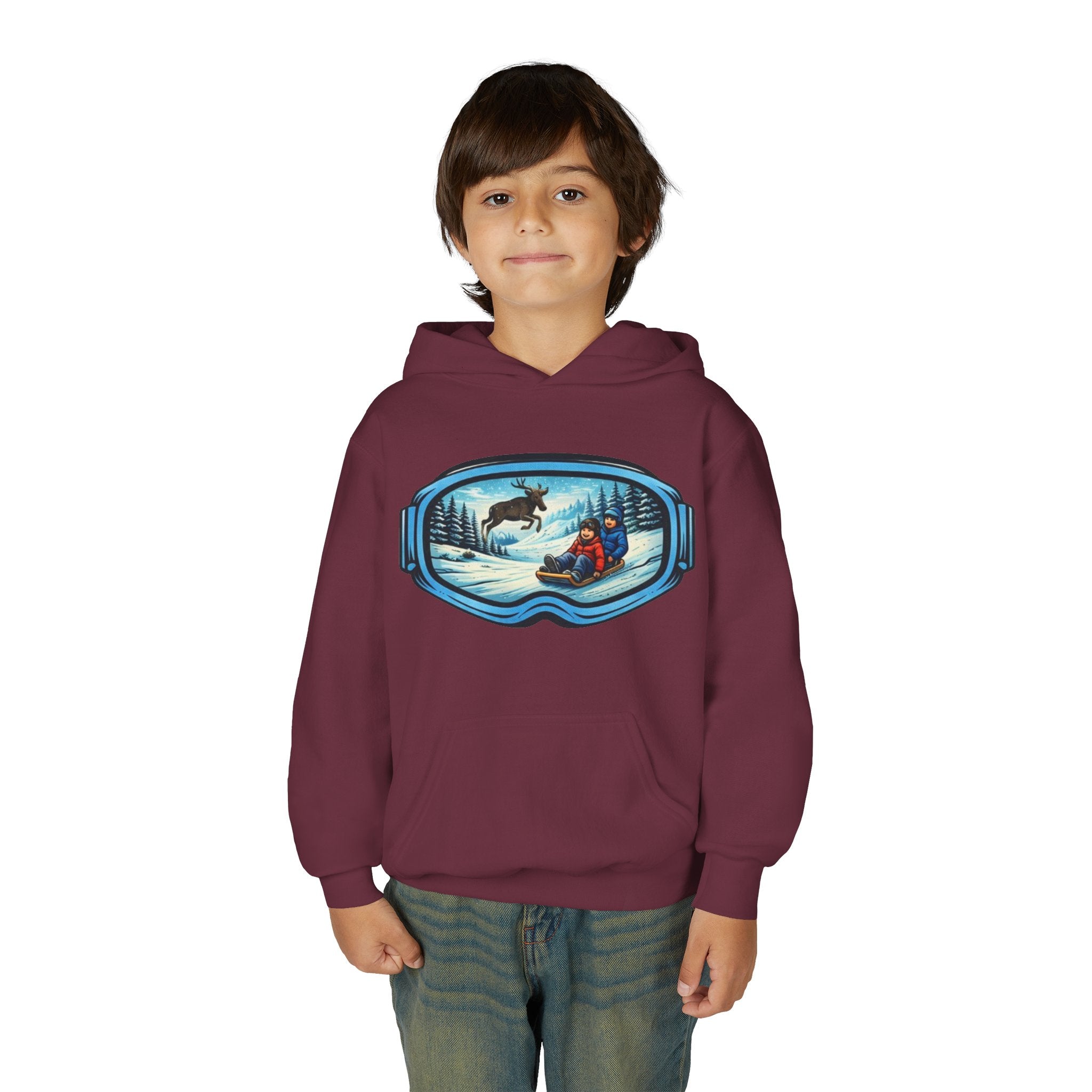 Youth Hoodie | Snow Goggles Winter Sledding Moose Graphic